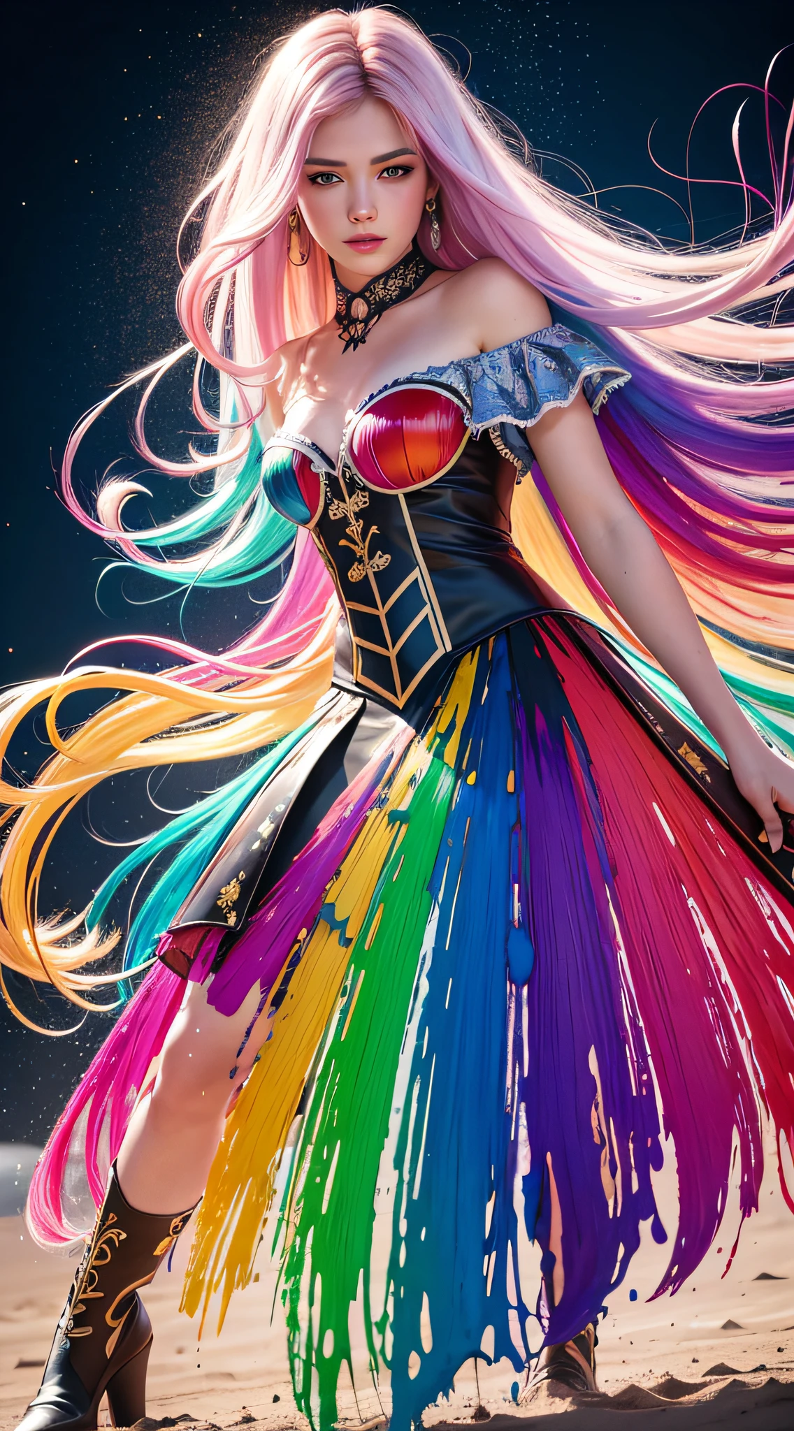 8k, RAW photo, realistic, photo-realistic, hyper-realistic, highest quality, best quality, masterpiece, highly detailed, absurdres,
masterpiece, best quality, (extremely detailed CG unity 8k wallpaper, masterpiece, best quality, ultra-detailed, best shadow), (detailed background), (beautiful detailed face, beautiful detailed eyes), High contrast, (best illumination), 1girl, Australian, multicoloured hair, beautiful, ((colourful paint splashes on transparent background, dulux)), ((caustic)), dynamic angle,beautiful detailed glow,full body, cowboy shot,