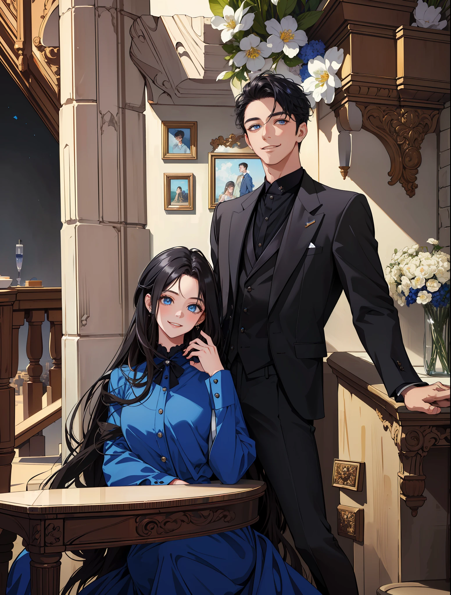 (masterpiece, best quality, highres, Sweet couple, beautiful girl, young boy, smile, couple photo, detailed eyes, blue eyes girl, detailed face, black hair, stylish hair, classy outfit, aesthetic background, highly detailed