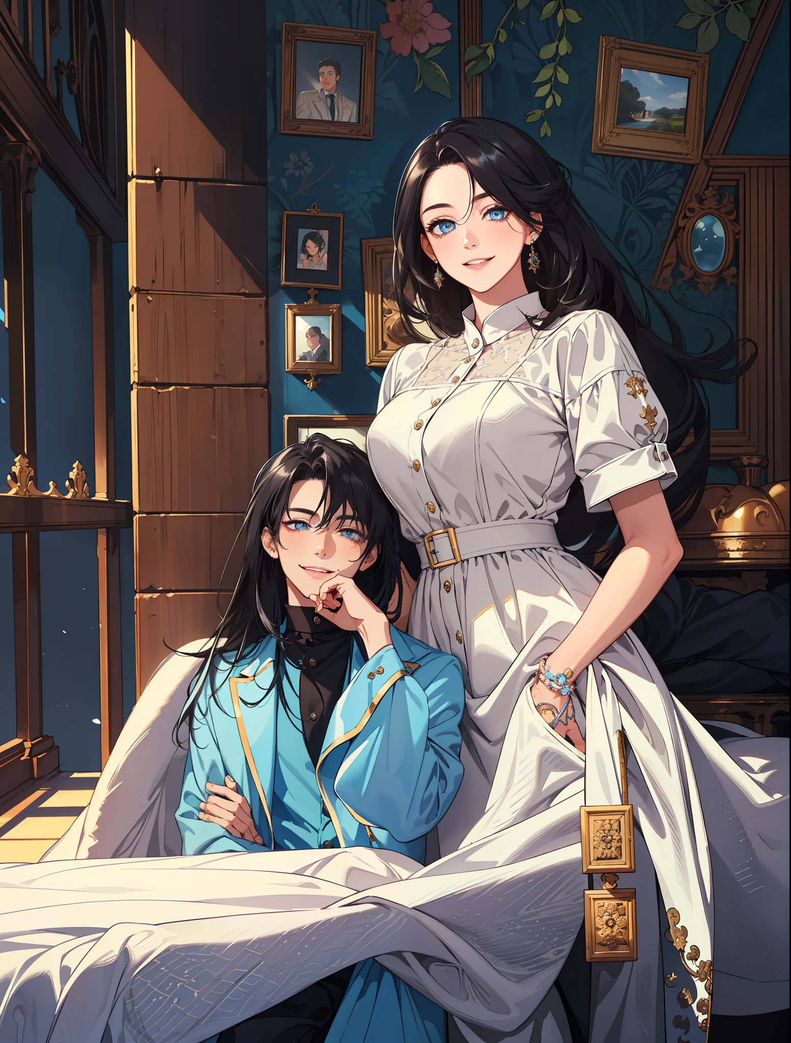 (masterpiece, best quality, highres, Sweet couple, beautiful girl, young boy, smile, couple photo, detailed eyes, blue eyes girl, detailed face, black hair, stylish hair, classy outfit, aesthetic background, highly detailed