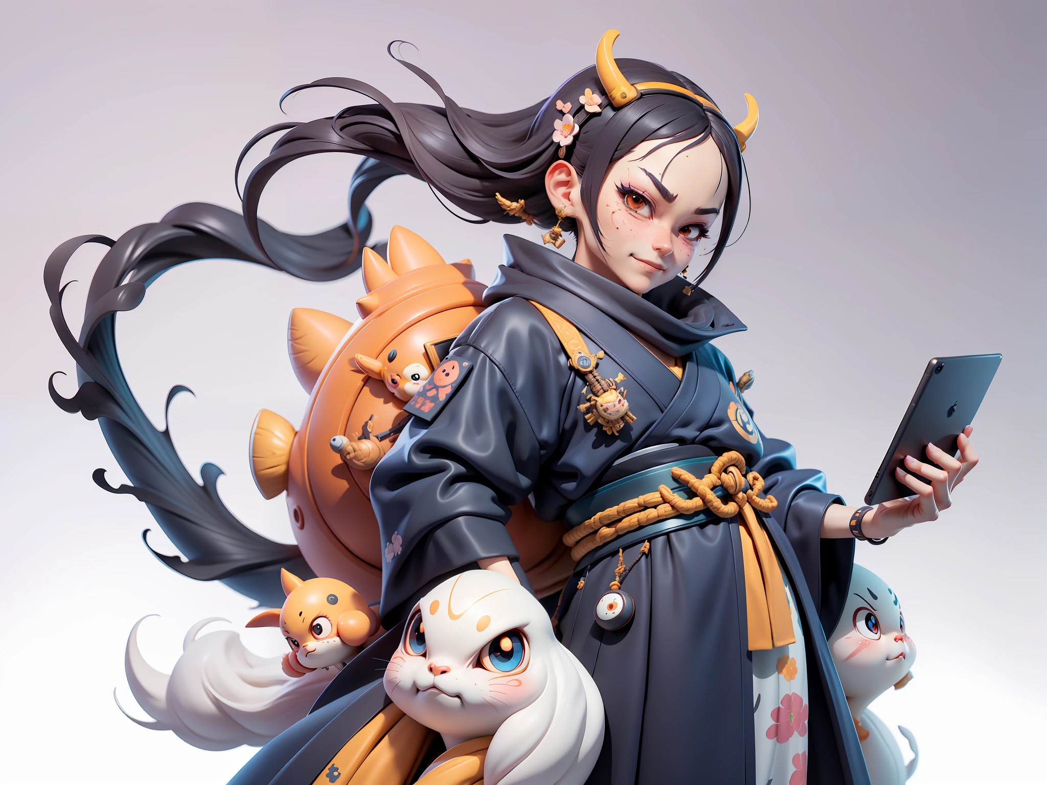 (Daisaku),(Need),(Super meticulous),(full bodyesbian:1.2),Japanese ukiyo-e girl,japanese geisha,Beautiful,Oriental dragon,Aeolian Thor,Raised sexy,爆乳,Oriental face,TV Anchor,Bust portrait illustration,Alone,In black suit,a blue tie,The face is slightly chubby,The face was clean,without a beard,Black super short hair,Black eyes,Smile confidently,3C computer sub-products,iPad, iphone,Digital painting,3D character design by Mark Clairen and Pixar and Hayao Miyazaki and Akira Toriyama,The illustration is a high-definition illustration in 4K resolution,With very detailed facial features and cartoon-style visuals。