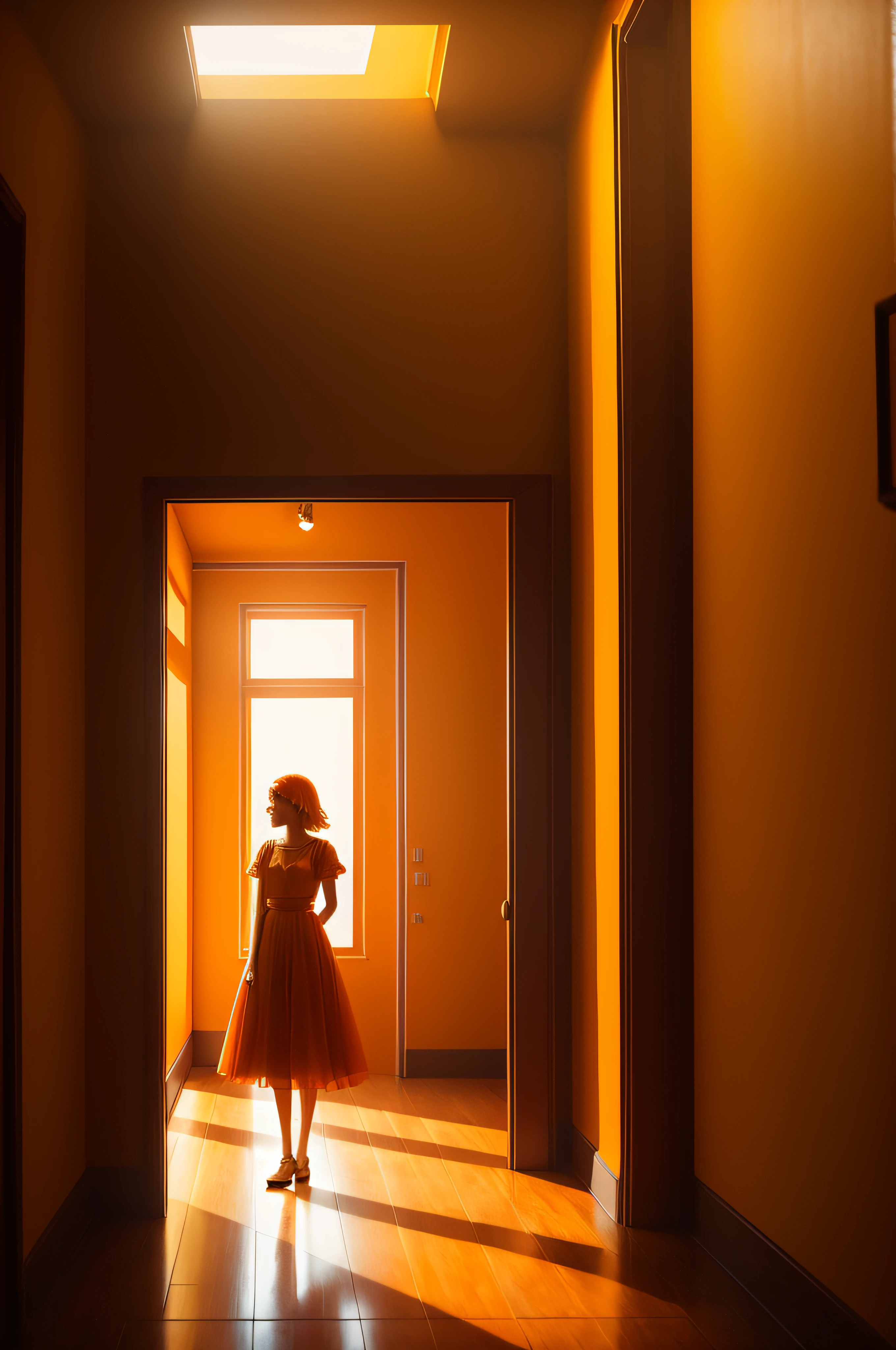 a girl in an orange outfit is standing next to a yellow wall, in the style of ethereal light effects, tj drysdale, mirror, kurt hutton, atelier olschinsky, shot on 70mm, made of glass --auto