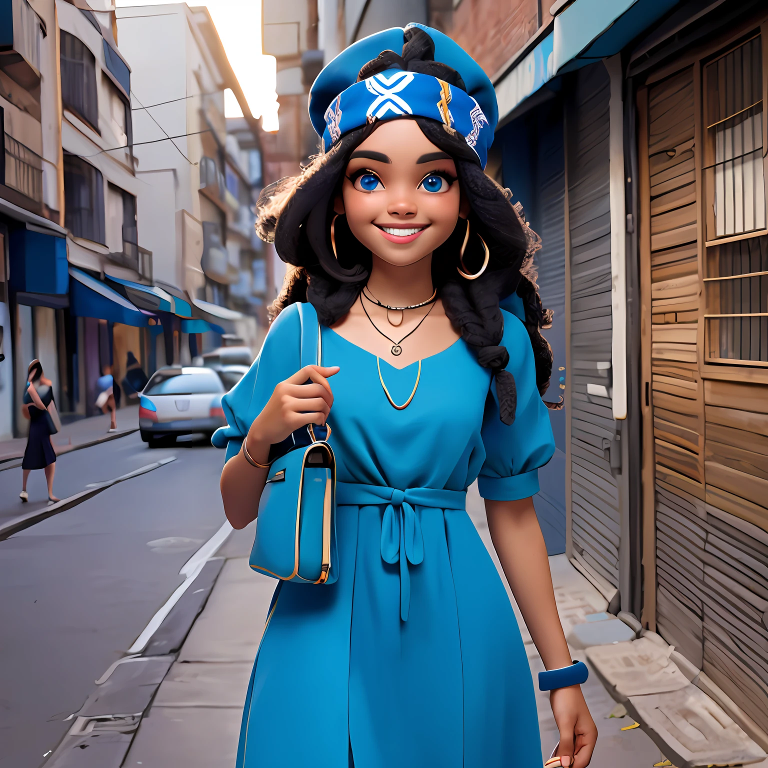menina negra, adolescente, Vestido longo preto, sorriso claro, flor, ao ar livre, turbante, Seu cabelo esta preso coque, tom azul claro, preto e dread's azul escuro e preto, corpo inteiro, The background is filled with an urban tone of the city, evoking a sense of lightness and happiness.