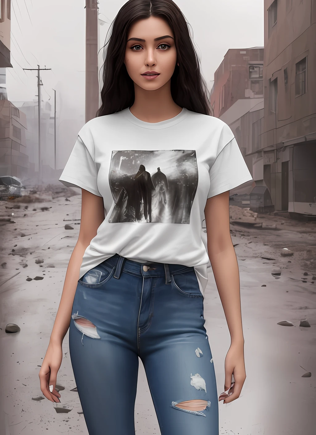 realistic photo (modelshoot style), (detailed face), ((woman 25 year's Arabian beauty, middle eastern women, waifu in a cramped rusty )), sunset, oily, sweaty, dirty, ripped jeans, torn skinny jeans, whitened skin, toned body, very detailed face features, very detailed black eyes, double eyelid, post-apocalyptic, natural skin texture, 24mm, 4k textures, soft cinematic light, adobe lightroom, photolab, hdr, (full shot body:1.4) photo of android woman, WWII masterpiece, (photorealistic:1.4), best quality, ((old torn white round neck plain Tee-shirt, torn jeans, dirty clothes,)) beautiful lighting, ((old torn clothes, dirty)), mud, puddles, warzone, battle area, braided hairstyle, ray tracing, space background, ( very detailed background, detailed complex busy background : 1.4 ), sharp focus, volumetric fog, 8k uhd, dslr, high quality, film grain, ((depressive mood)), photorealism, (A sprawling soviet metropolis in a future dystopia ), view from below , translucency , (HDR:1.2), Mar, basic tee-shirt full length, in different action, standing, walking style, middle eastern 25 years old middle eastern women, black medium wavy hairstyle