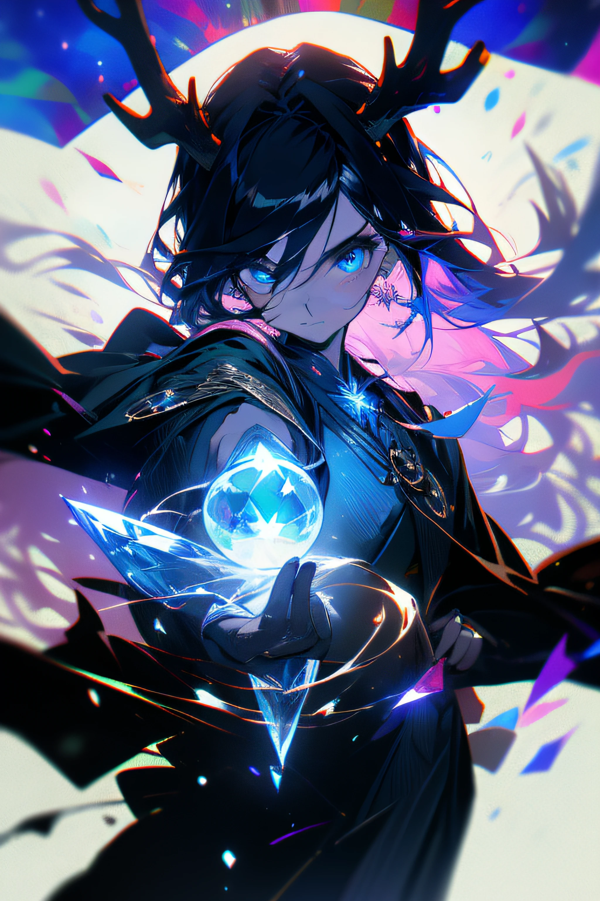 cold shades,Girl with antlers,Dressed in black robes,Diviner,Hold the crystal ball in the palm of your hand,Ice in the background,Temperament is mysterious,Under the crystal ball, only one right hand is supported,Holding a staff in his left hand, he is gathering ice elements