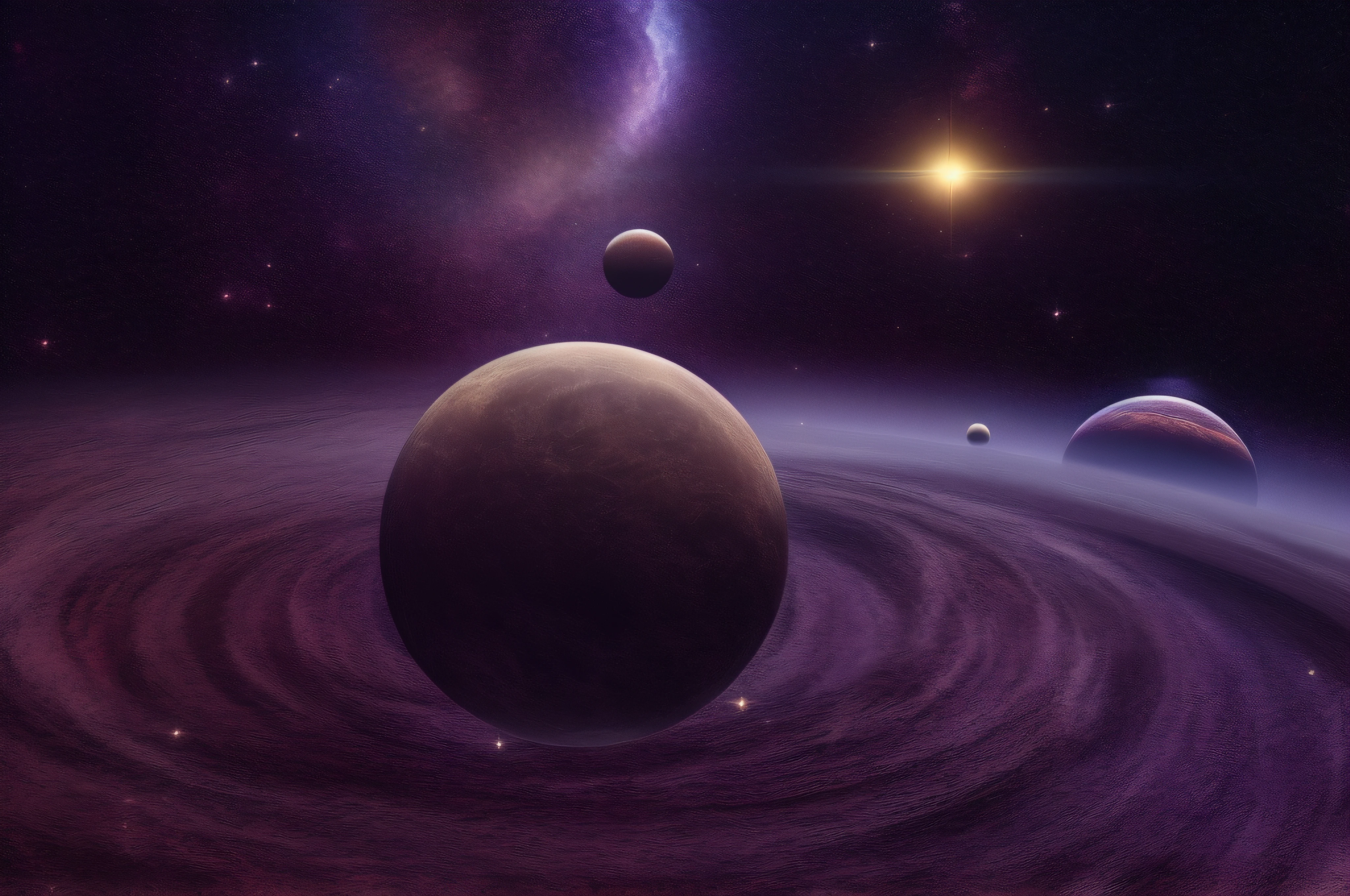 A highly detailed shot of alien planet, with a sharp focus and a mysterious atmosphere, surrounded by a vast and cosmic space background, stars in background, galaxy, floating in space, darkness