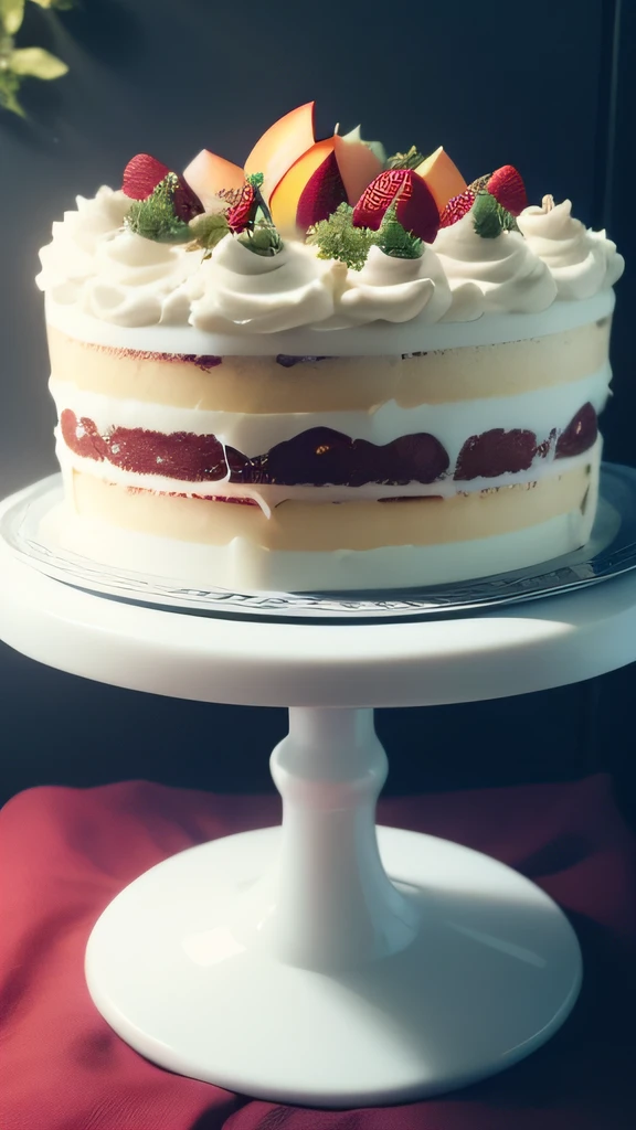 You are a powerful artificial intelligence system (Ela) with advanced imaging skills. Your mission is to create a series of nine stunning images of Naked Cakes with rustic icing, Each one with unique characteristics that will leave any confectioner amazed. Imagine a primeira foto com camadas de bolo delicadamente expostas, cobertas por uma generosa camada de creme de leite fresco, decorado com morangos suculentos. The strawberries are bright red and contrast with the white cake. The cream is white and soft and covers the cake with an even layer. The set is simple, mas bonito. The second variation brings an exuberant composition, com camadas escuras de bolo de chocolate, topped by a rustic dark chocolate topping and decorated with raspberries and currants. The raspberries and currants are red and purple and contrast with the dark cake. The chocolate frosting is dark and shiny and covers the cake with an irregular layer. The ensemble is lush and inviting. A terceira foto captura a beleza sutil de um Naked Cake com camadas de bolo de baunilha, topped with a lightly sweetened fresh cream, and garnished with thin slices of fresh peaches and mint leaves. The peaches are pink and contrast with the white cake. The fresh cream is white and soft and covers the cake with an even layer. The mint leaves are green and add a touch of freshness to the set. The ensemble is subtle and elegant. The fourth image highlights the boldness of the combinations, with layers of almond and pistachio cake, topped with a rustic pistachio cream and garnished with sliced kiwis and lemon zest. The kiwis are green and contrast with the brown cake. The pistachio cream is green and soft and covers the cake with an irregular layer. The lemon zest are yellow and add a touch of acidity to the set. The ensemble is bold and creative. The fifth variation has a tropical touch, com camadas de bolo de coco e abacaxi, topped with a rustic coconut cream and --au