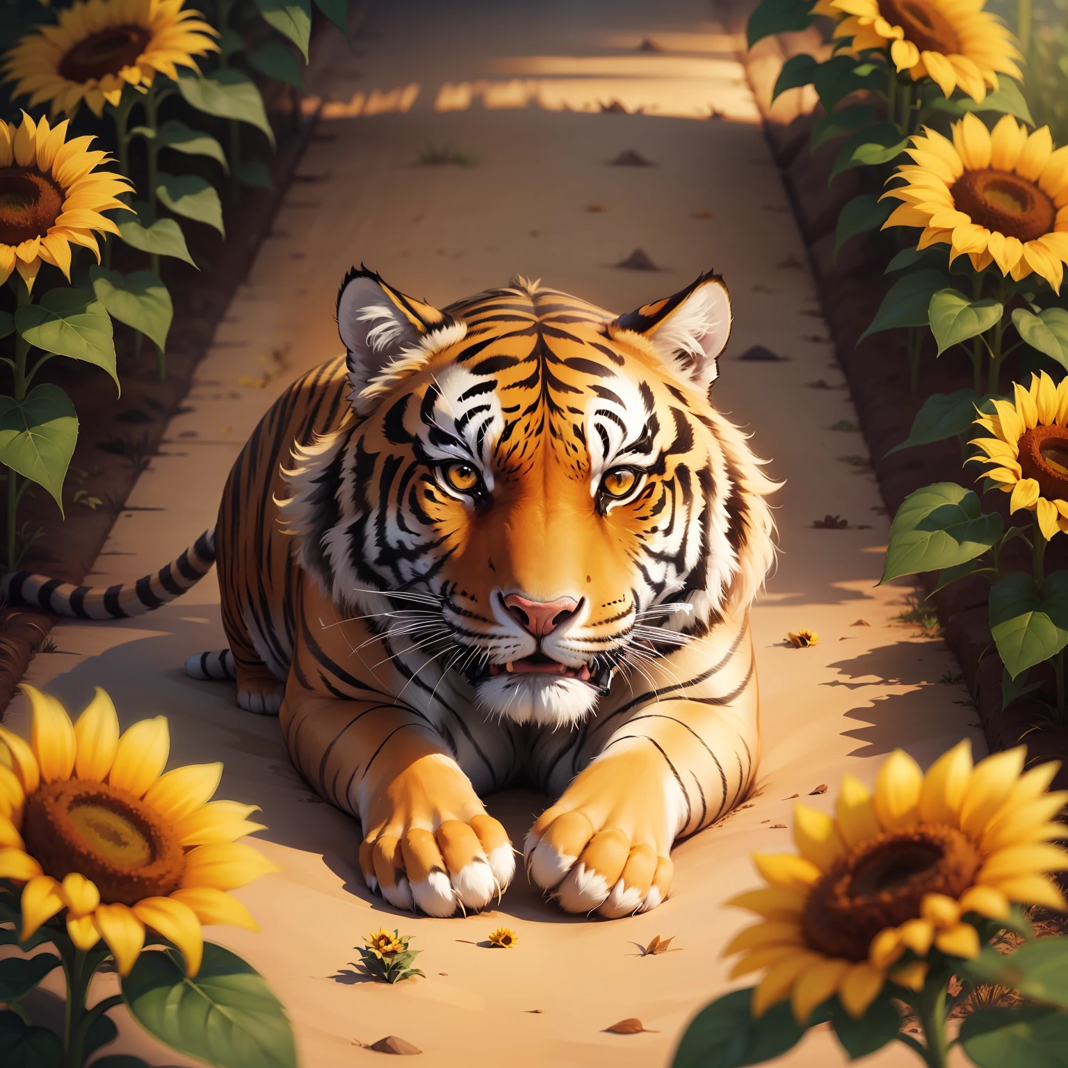 Illustration for the tale of the tiger cub, who hid under a sunflower in winter
