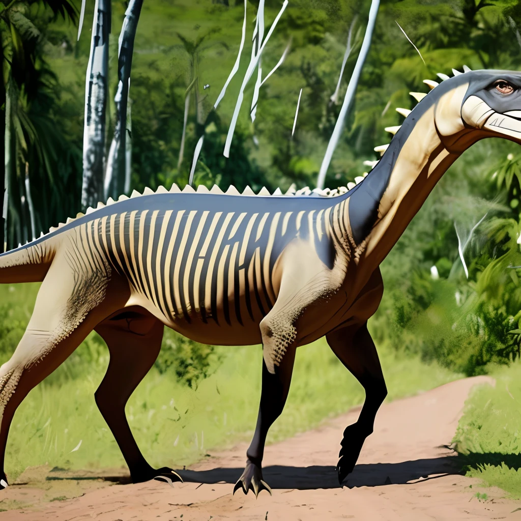 The body is covered with yellow and black stripes，Large lizards，Walk on the jungle floor，Has elongated limbs，The hind limbs are thicker，Short and narrow muzzle，The neck is slender and elongated，Covered with flaky sharp teeth，Swift and powerful，The muscles are pronounced，Elongated and robust，The body is shaped like a hunting dog，There is a row of erected manes on the back，The head is as long as the head of a dipspinosaurus
It's like an RPG-style fantasy creature