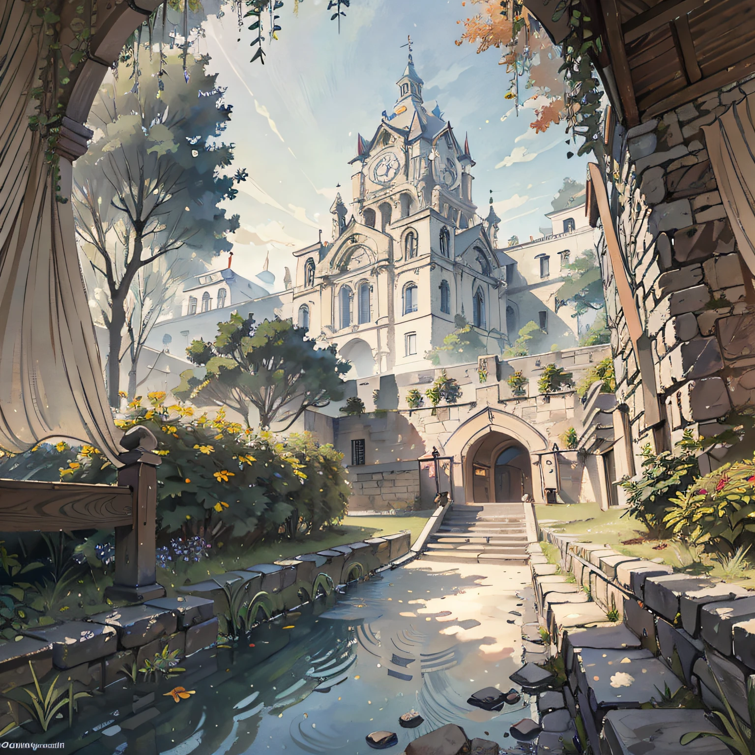(masterpiece, best quality, beautiful art:1.4) in the tapestry of time, your story weaves a masterpiece, magical and dreamy, with surreal architecture designed by hieronymous bosch. The city is inspired by ancient roman buildings. It has many talli elements that fall like vines & ivy growing from its walls. The colors are very bright and vibrant, and they're in the style of unreal engine 5, highly detailed, intircate, (sharp focus:1.6), volumetric lighting, cinematic wallpaper, 8k, romantic