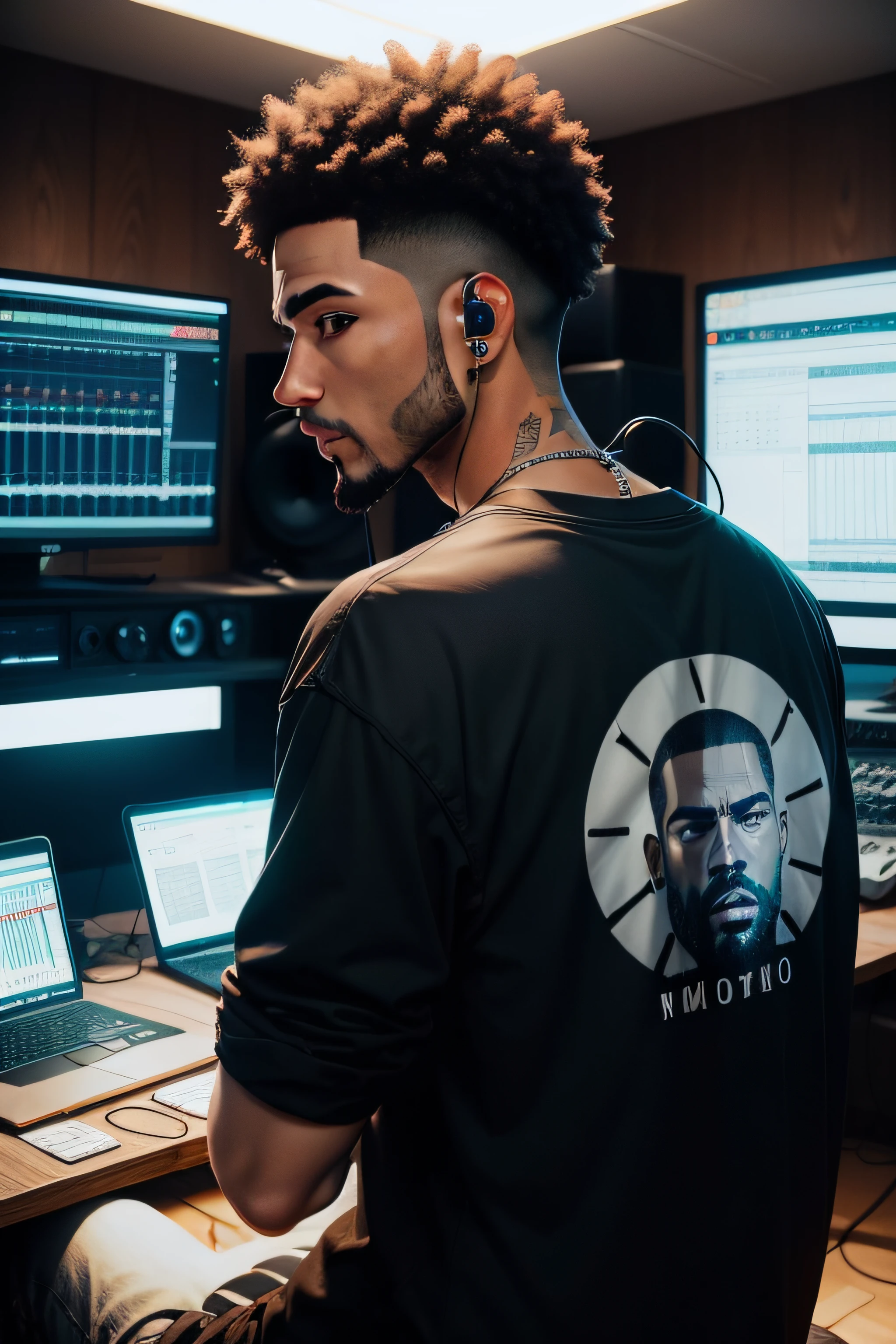 Making rap beats in a home studio, The camera in the back of the room photographed me on my back I was facing the monitors, sou do sexo masculino e pardo, Short hair with short beard was standing with his hands on the table looking at the camera in the background and me on my back, Wearing a dark shirt I was hip hop style with headphones around my neck