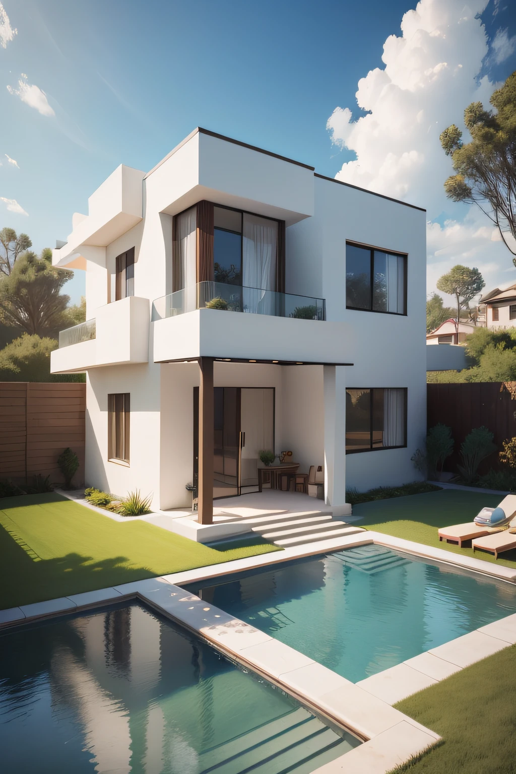 "Real and natural image with photoshop with high quality and details and size 1000kb from 3 images of plan section plan post-production and perspective from four directions of a 5-story villa, in a modern style inspired by an Iranian garden full of bedo trees, 8k natural image with a blue sky background full of small birds' eyebrows with a vray wide camera, vray gi on, shutter speed 120T, film speed 100 f-number 7 subdivision 100 0 samplesize 0.01 sharpenedges, smartsharpen, with human vision and 4k resolution with natural light and corona rendering engine in the light of 2 o'clock in the afternoon.