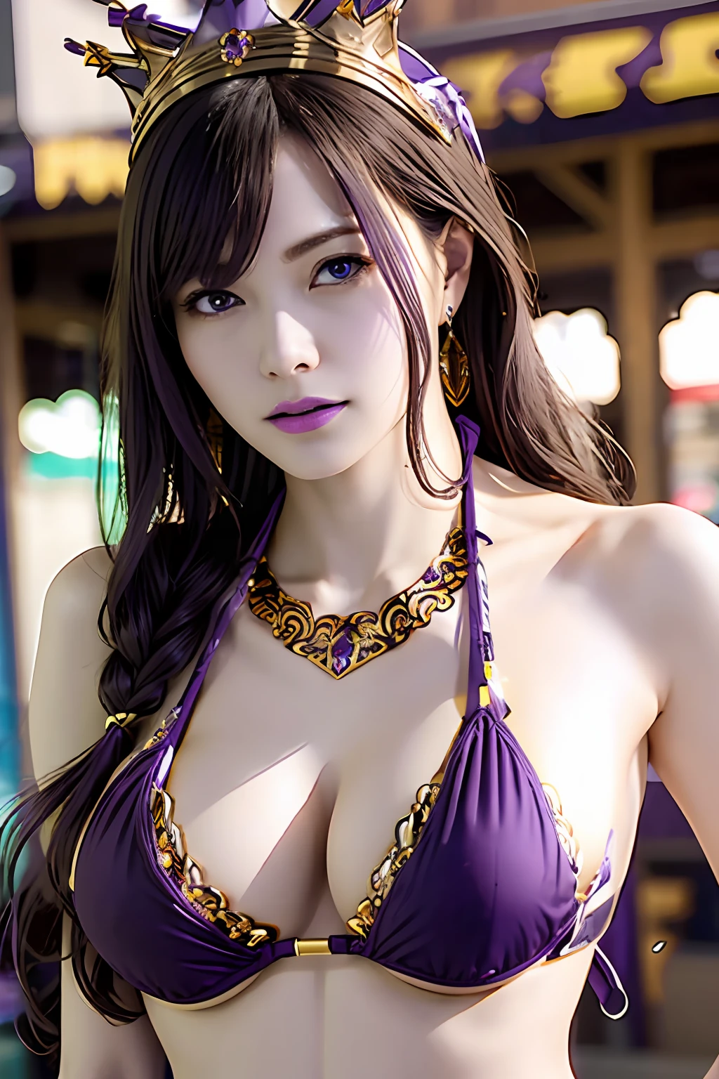 Ultra-detailed complex 3D rendering of faces、(masterpiece、top-quality、octan render、)、Glamour shot full body image、Very beautiful young man、 cleavage of the breast、(highlydetailed skin:1.2)、(((Purple and gold micro bikini and jewelry:1.95))))。、8K、((twin-tail hair))、((noticeable large pink areola))、((large full breasts:1.4))、Beautiful Caucasian woman with big buttocks full soft breasts and white skin、1 persons、Long braided hair、large full breasts、dynamic ungle,((Jewel Magic Wand)) 、hyper realistic photography、(((a blond)))、(futuristic city backdrop)、face muscles、(((Detailed and ornate diamond crown))))、In the style of Marvel Comics、 ArtStation Trends, Clear focus, intricate detailes, ighly detailed, Detailed green eyes, foco nítido, a digital rendering, proffesional、abdominals、glowy skin、sexypose、(Golden tattoos all over the body)、Mansuji、s ass、(Jewel the whole body)、a blond、Seductive look、Detailed and beautiful white teeth、Armpit、short-haired、