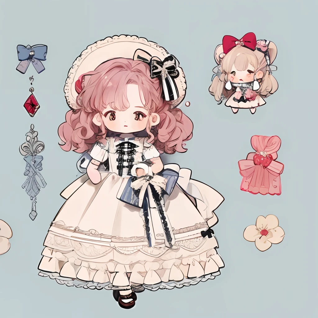 Character design，Q version，chibi，cute，Bow your head to body ratio，clothing design，****ta prostitute，Gorgeous dress，mitts，curlies，very intricate，Exquisite，shift dresses，Bow knot，frilld，ribbon