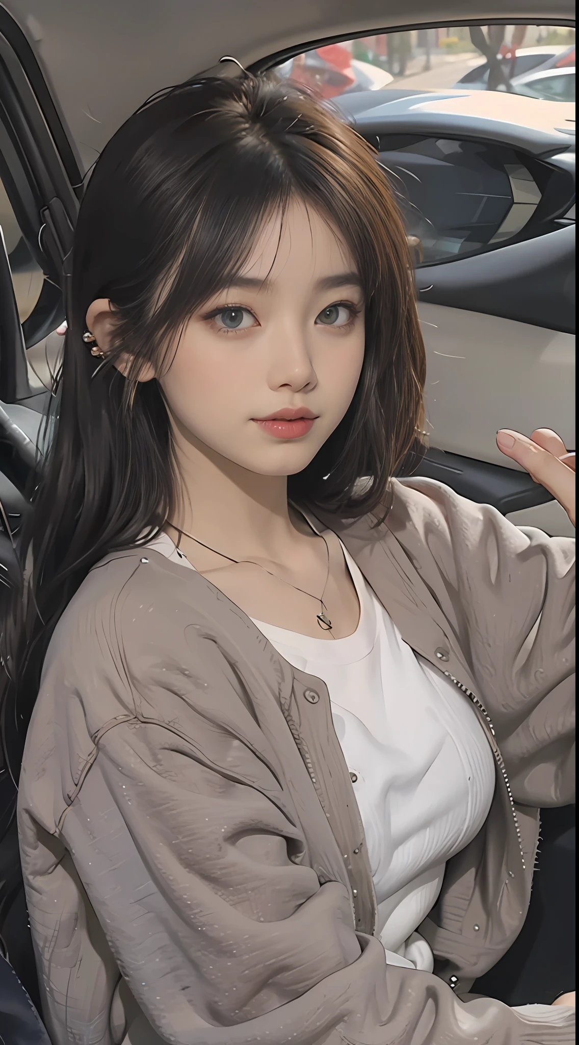 best qualtiy,tmasterpiece,8K分辨率,(realisticlying:1.2),RAW photogr,(Evening street),1个Giant Breast Girl,黑The eye,looking at viewert,long whitr hair,Light makeup,cparted lips,tiny ears,whitet-shirt,denim short,耳Nipple Ring,Sit in Ferrari,Bigchest,Slim