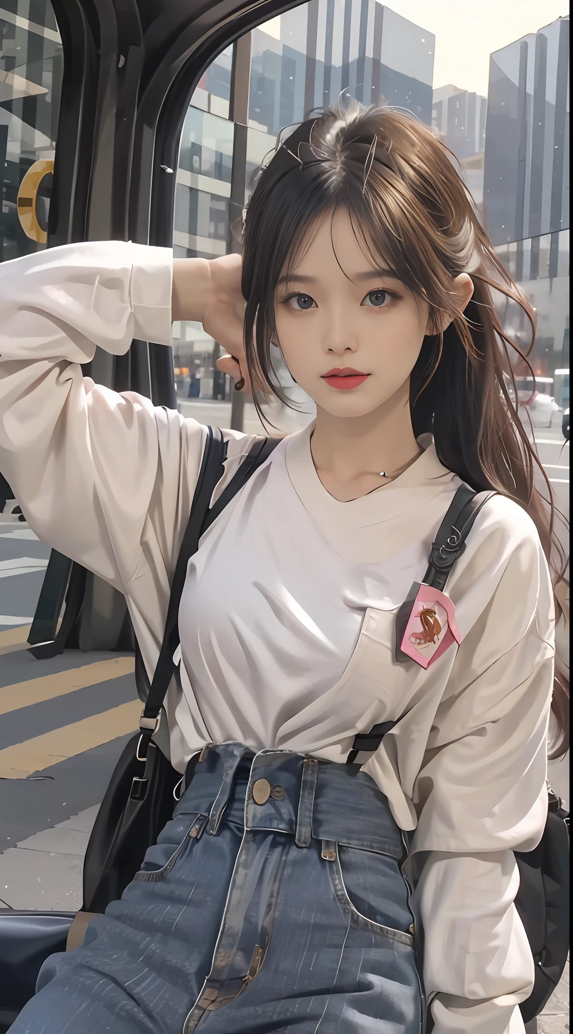 best qualtiy，tmasterpiece，8K分辨率，（realisticlying：1.2），RAW photogr，（Evening street），1个Giant Breast Girl，黑The eye，looking at viewert，long whitr hair，Light makeup，cparted lips，tiny ears，whitet-shirt，denim short，耳Nipple Ring，Sit in Ferrari，Bigchest，Slim
