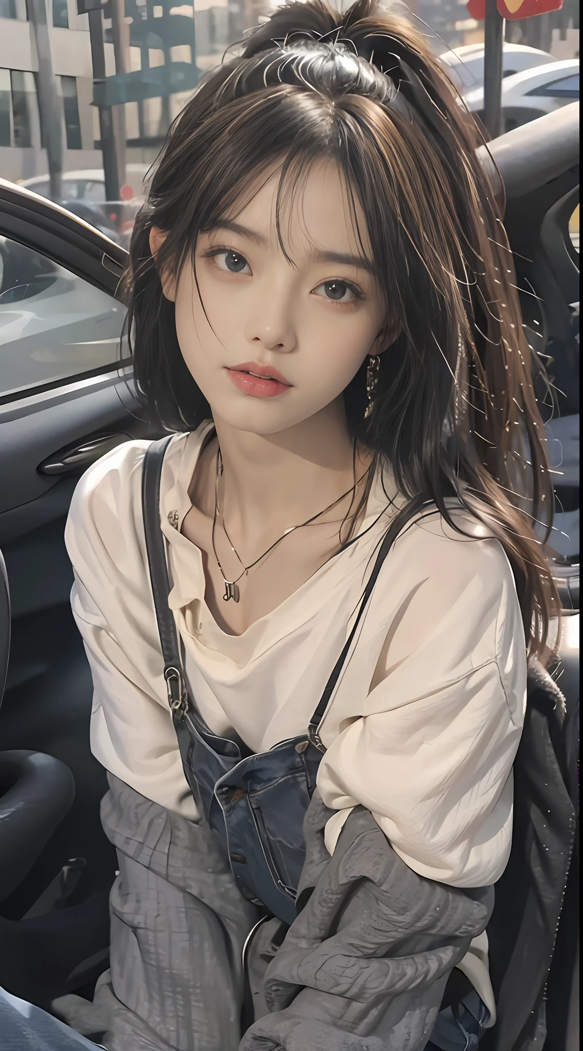 best qualtiy，tmasterpiece，8K分辨率，（realisticlying：1.2），RAW photogr，（Evening street），1个Giant Breast Girl，黑The eye，looking at viewert，long whitr hair，Light makeup，cparted lips，tiny ears，whitet-shirt，denim short，耳Nipple Ring，Sit in Ferrari，Bigchest，Slim