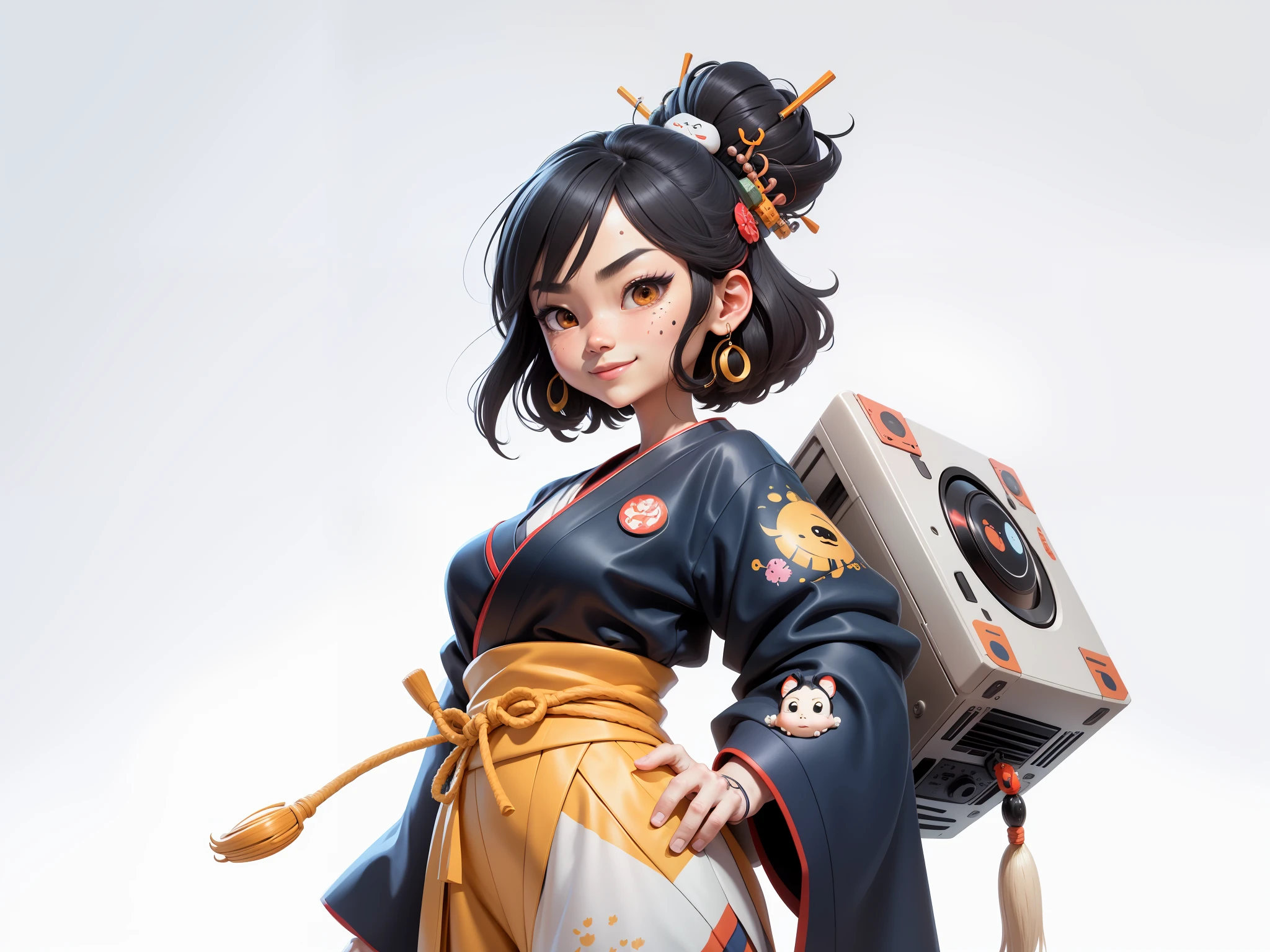 (Daisaku),(Need),(Super meticulous),(full bodyesbian:1.2),Japanese ukiyo-e girl，japanese geisha，Beautiful，Oriental dragon，Aeolian Thor，Raised sexy，爆乳，Oriental face，TV Anchor，Bust portrait illustration，Alone，In black suit，a blue tie，The face is slightly chubby，The face was clean，without a beard，Black super short hair，Black eyes，Smile confidently，3C computer sub-products，iPad， iphone，Digital painting，3D character design by Mark Clairen and Pixar and Hayao Miyazaki and Akira Toriyama，The illustration is a high-definition illustration in 4K resolution，With very detailed facial features and cartoon-style visuals。