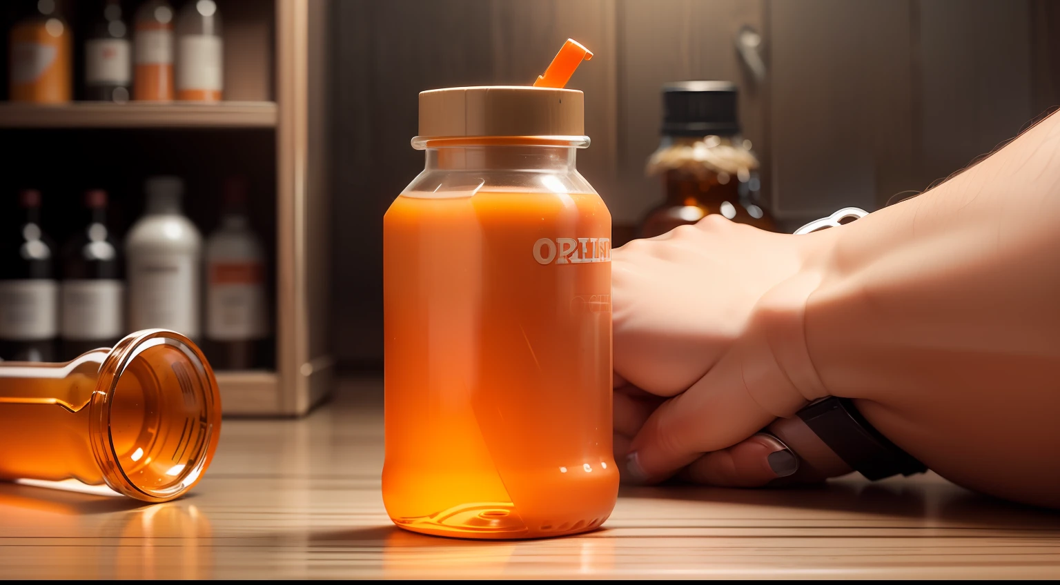 super realistic, One bottle of medicine , made of durable and orange plastic, allowing your content to be viewed internally. The predominant color of the bottle is orange. there is a white label, realistic