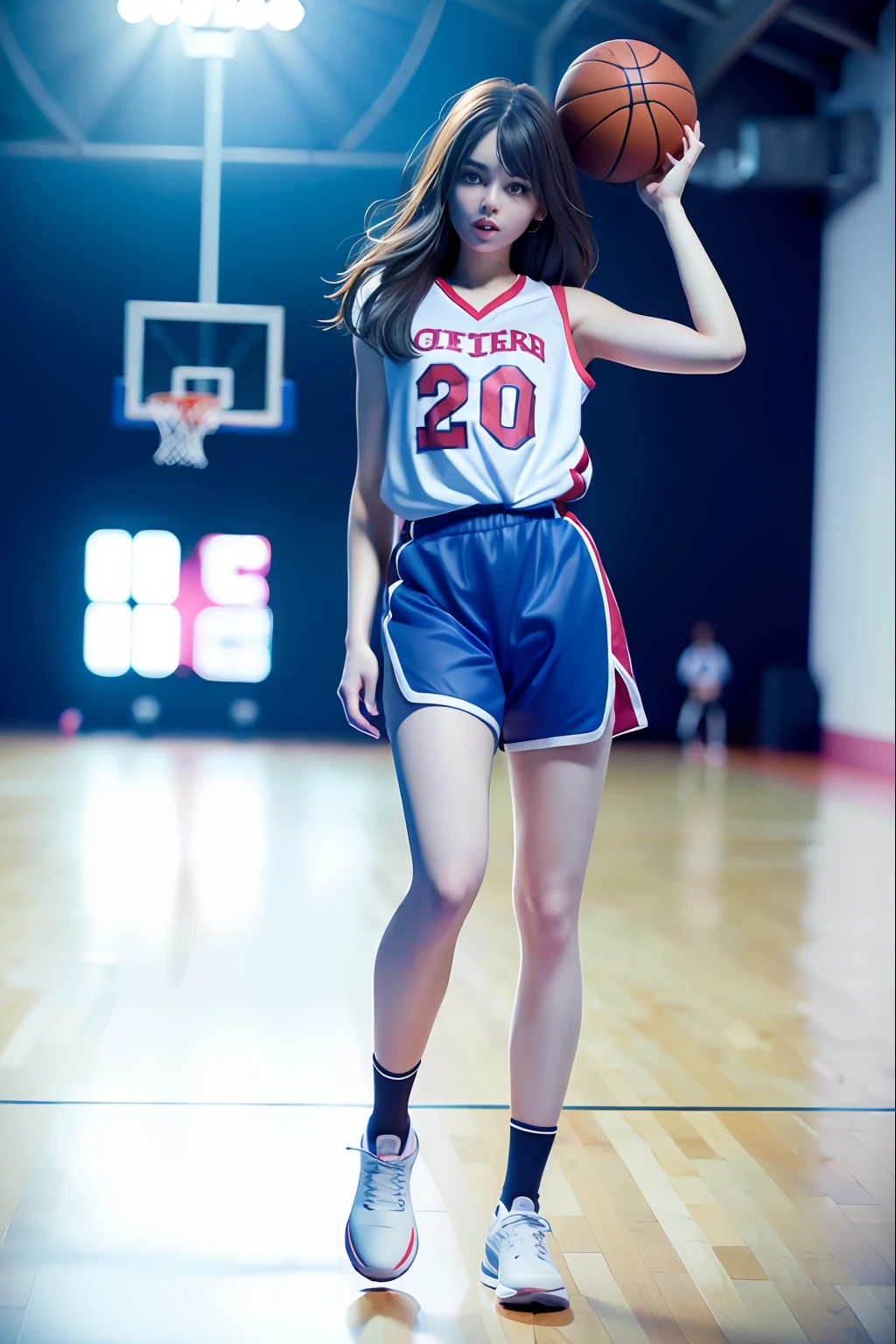 (8k, best quality, masterpiece:1.2), (realistic, photo-realistic:1.37), ultra-detailed,best quality, ultra high res, professional lighting, photon mapping, radiosity, physically-based rendering, cinematic lighting, basketball court,depth of field, sharp focus,sunbeam, good composition,(bokeh:1.2) 1girl,solo,(full body), (closed mouth),beautiful detailed eyes, pose, narrow waist,basketball uniform, black hair,messy hair,long hair floating in wind,(ulzzang-6500:1.2)
 mix4, hiqcgbody