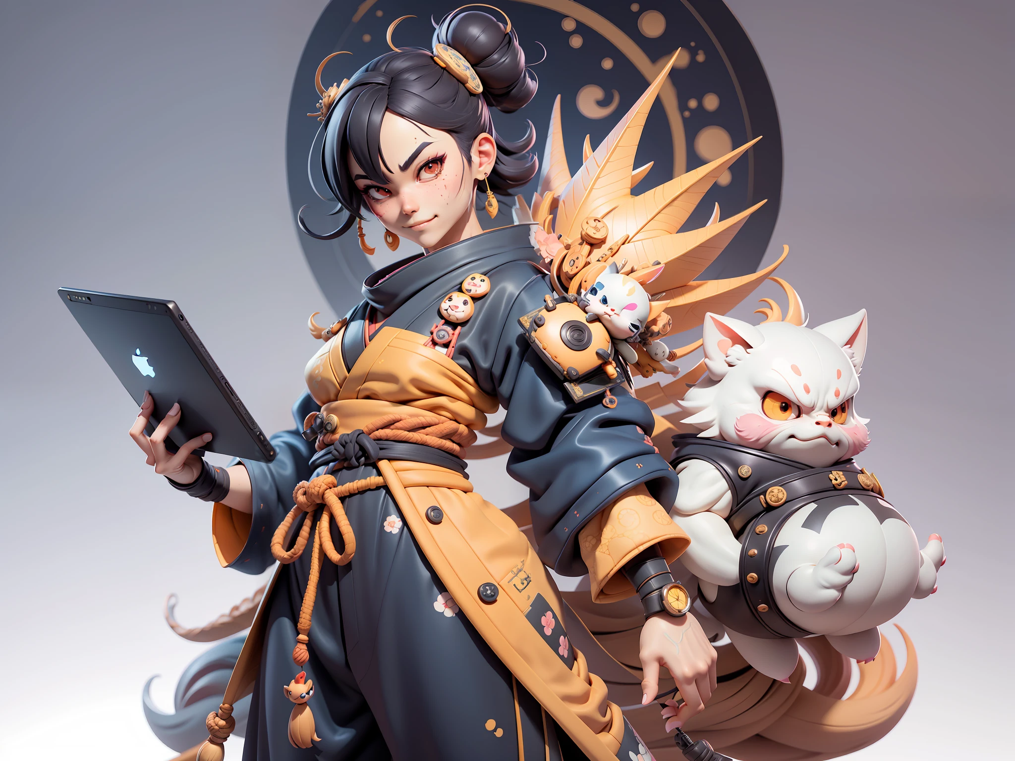 (Daisaku),(Need),(Super meticulous),(full bodyesbian:1.2),Japanese ukiyo-e girl,japanese geisha,Beautiful,Oriental dragon,Aeolian Thor,Raised sexy,爆乳,Oriental face,TV Anchor,Bust portrait illustration,Alone,In black suit,a blue tie,The face is slightly chubby,The face was clean,without a beard,Black super short hair,Black eyes,Smile confidently,3C computer sub-products,iPad, iphone,Digital painting,3D character design by Mark Clairen and Pixar and Hayao Miyazaki and Akira Toriyama,The illustration is a high-definition illustration in 4K resolution,With very detailed facial features and cartoon-style visuals。
