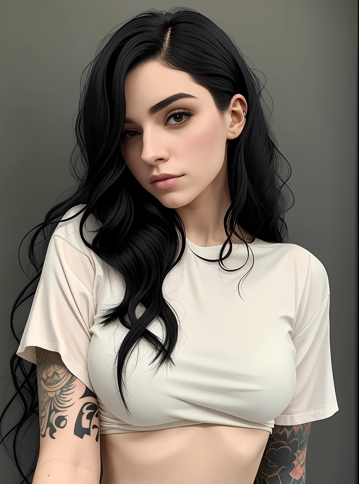 A closeup of a beautiful woman with a tattoo on her arm,  atraente, Foto de perfil do headshot, cabelo e maquiagem escuros, cabelo escuro maravilhoso, with pale skin, pale glowing skin, She has black hair, messy black hair, pale fair skin!!, meninaabelo preto, Kaitlyn Michelle Siragusa, cabelo preto rosto bonito, pale skin!, cabelos escuros