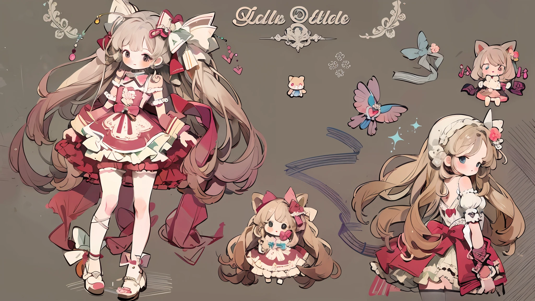 Character design，Q version，tchibi，Cute，The ratio of the head bowed to the body，clothing design，****ta prostitute，Gorgeous dress，mitts，curlies，very intricate，Exquisite，shift dresses，Bow knot，frilld，ribbon