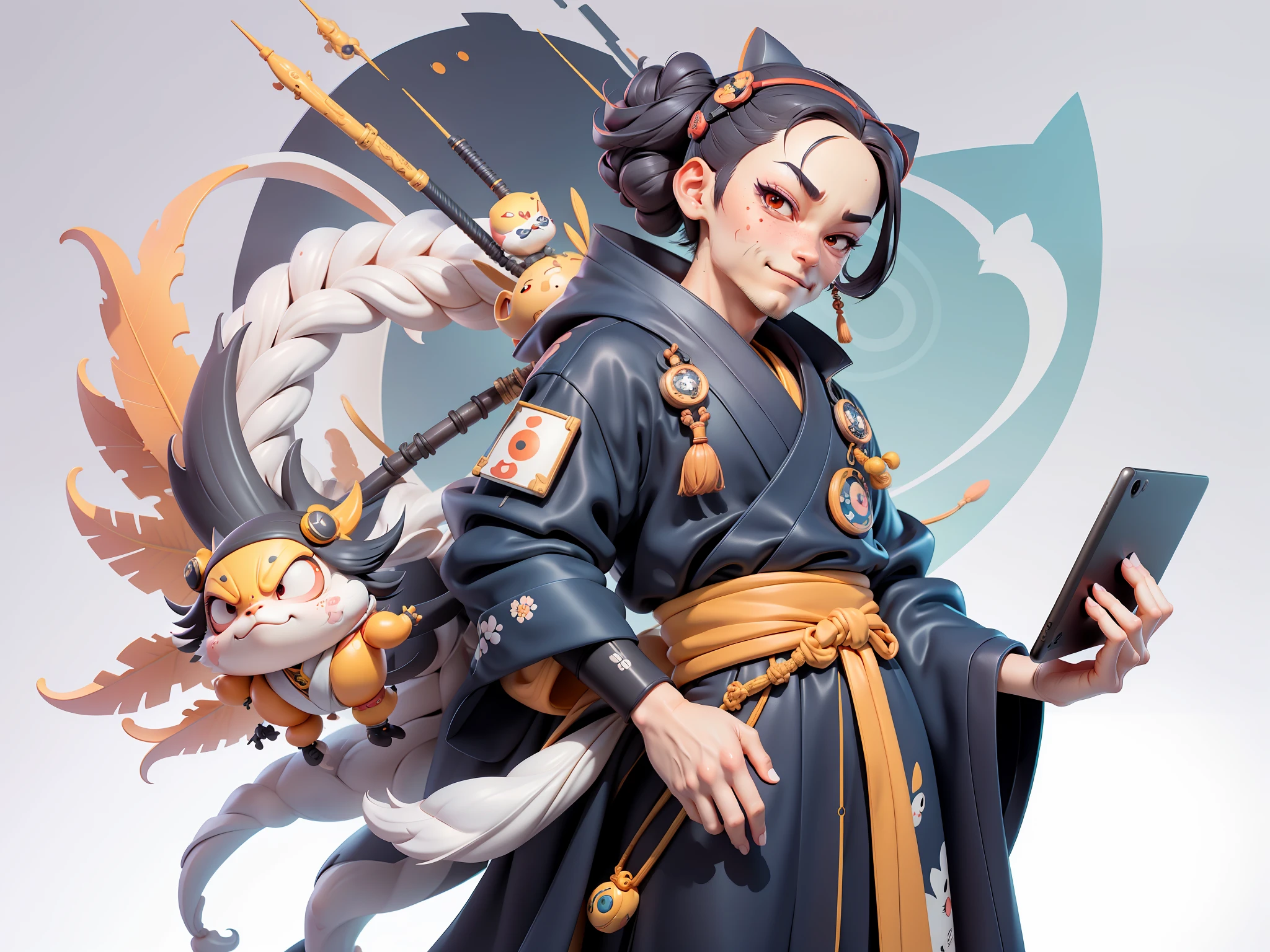 (Daisaku),(Need),(Super meticulous),(full bodyesbian:1.2),Japanese ukiyo-e girl，japanese geisha，Beautiful，Oriental dragon，Aeolian Thor，Raised sexy，爆乳，Oriental face，TV Anchor，Bust portrait illustration，Alone，In black suit，a blue tie，The face is slightly chubby，The face was clean，without a beard，Black super short hair，Black eyes，Smile confidently，3C computer sub-products，iPad， iphone，Digital painting，3D character design by Mark Clairen and Pixar and Hayao Miyazaki and Akira Toriyama，The illustration is a high-definition illustration in 4K resolution，With very detailed facial features and cartoon-style visuals。