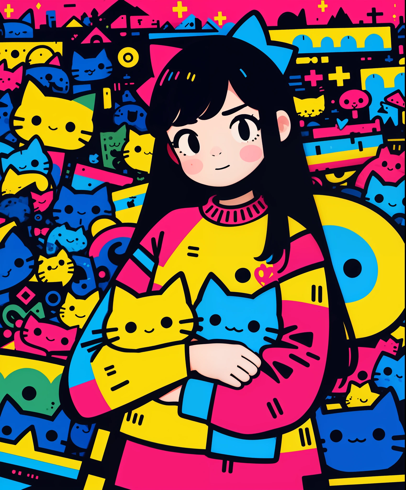 masterpiece,best quality,1girl,cat,long sleeves,multicolored background,