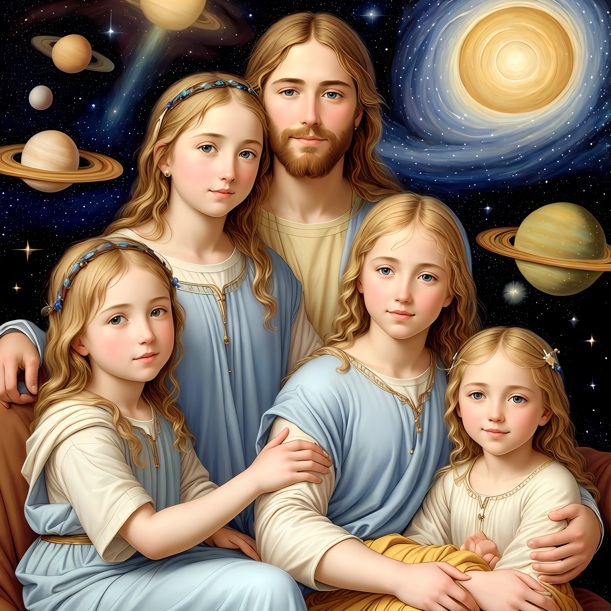 Jesus Christ with young blond girl on his lap, christian art, high quality, highly detailed,(celestial bodies), painting, in the style of Greg Olsen