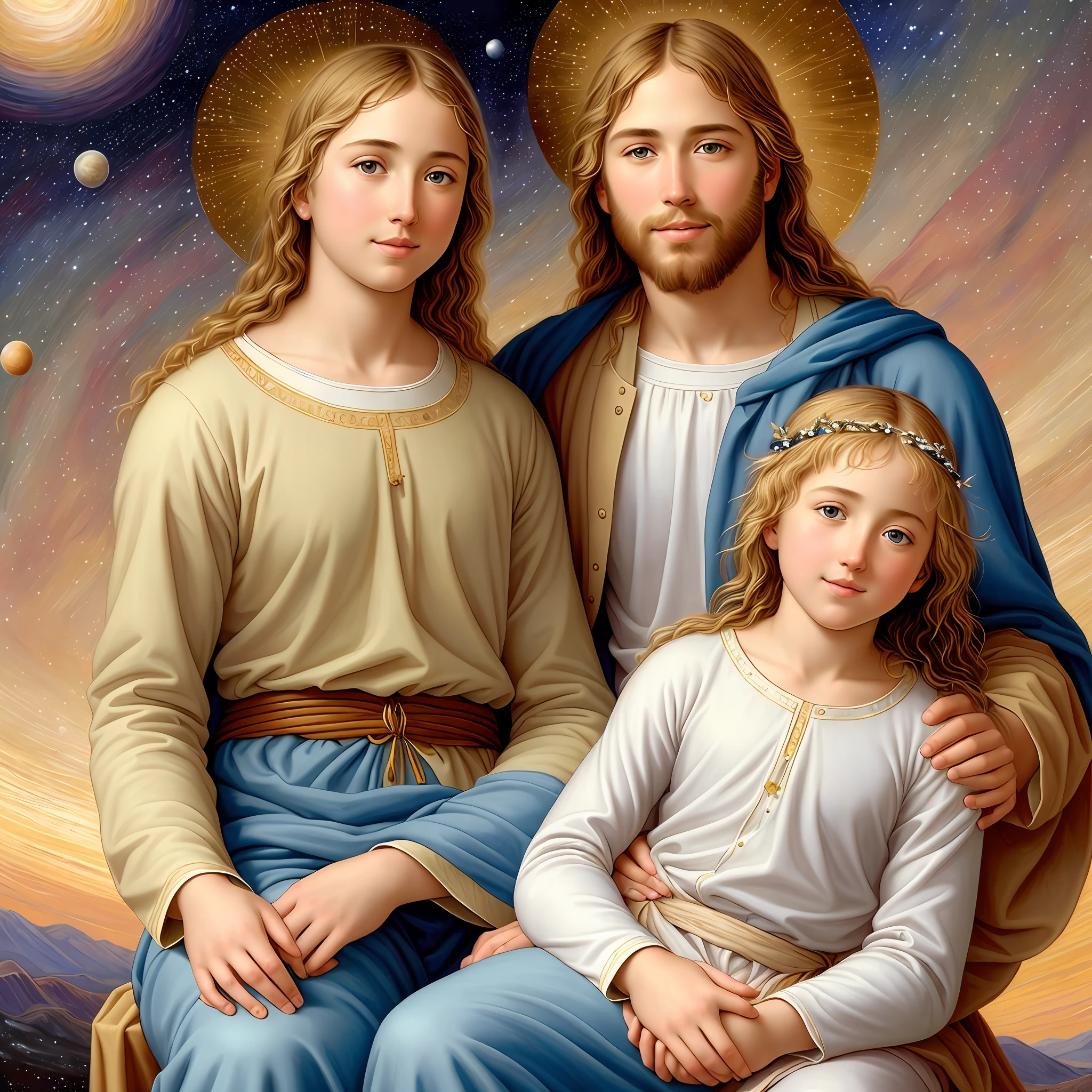 Jesus Christ with young blond girl on his lap, christian art, high quality, highly detailed,(celestial bodies), painting, in the style of Greg Olsen