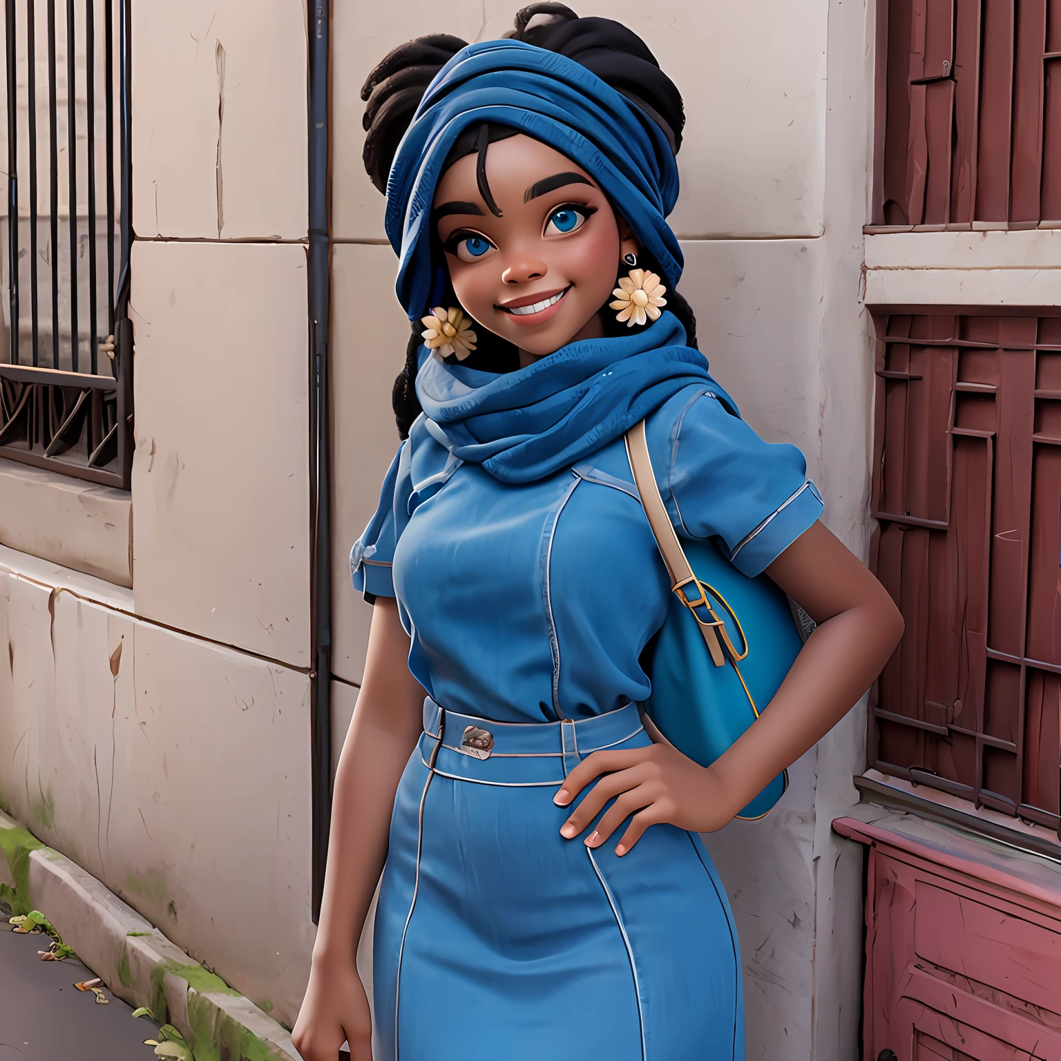 menina negra, adolescente, olho castanho, Vestido longo preto, sorriso claro, flor, ao ar livre, turbante, Seu cabelo esta preso coque, Tom Azul Claro, preto e dread's azul escuro e preto, corpo inteiro, The background is filled with an urban tone of the city, evoking a sense of lightness and happiness.