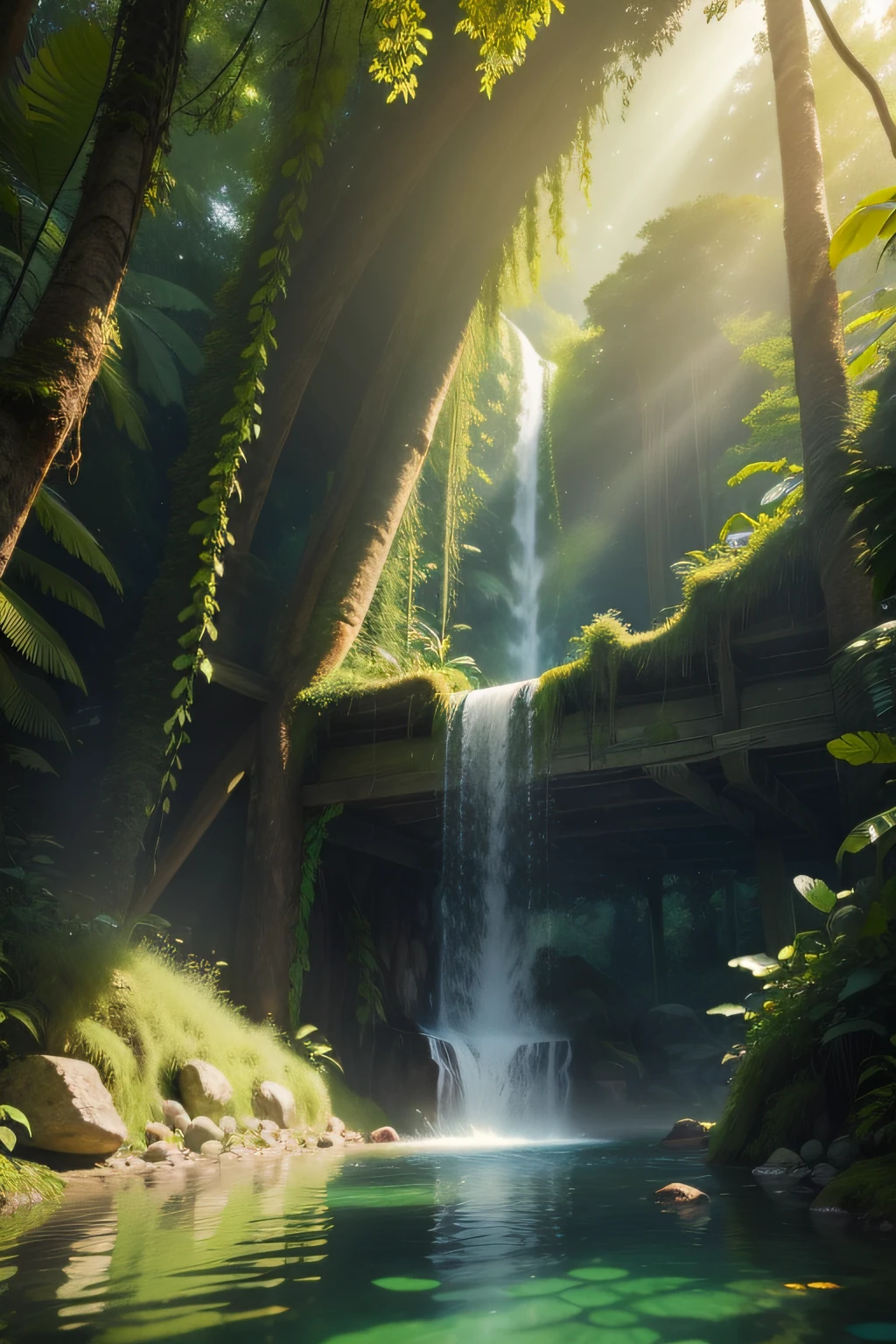 Ein Pfad im Jungel, im Amazonas Regenwald, Very good quality, ein Tempel ist in der Ferne, nass, ein Fluus fliesst in der ferne, 8K, rendering