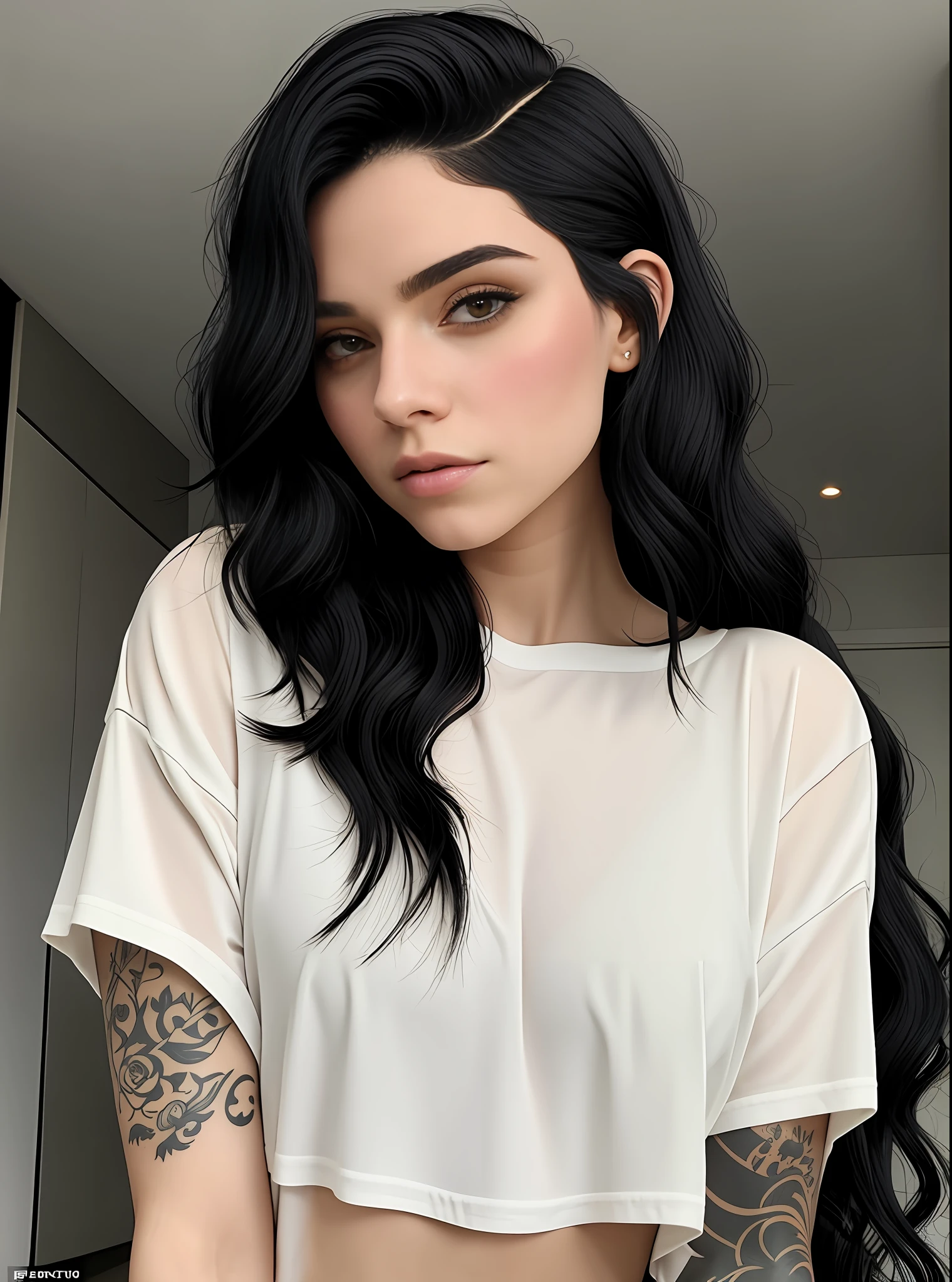 A closeup of a beautiful woman with a tattoo on her arm, menina atraente, Foto de perfil do headshot, cabelo e maquiagem escuros, cabelo escuro maravilhoso, with pale skin, pale glowing skin, She has black hair, messy black hair, pale fair skin!!, menina com cabelo preto, Kaitlyn Michelle Siragusa, cabelo preto rosto bonito, pale skin!, cabelos escuros