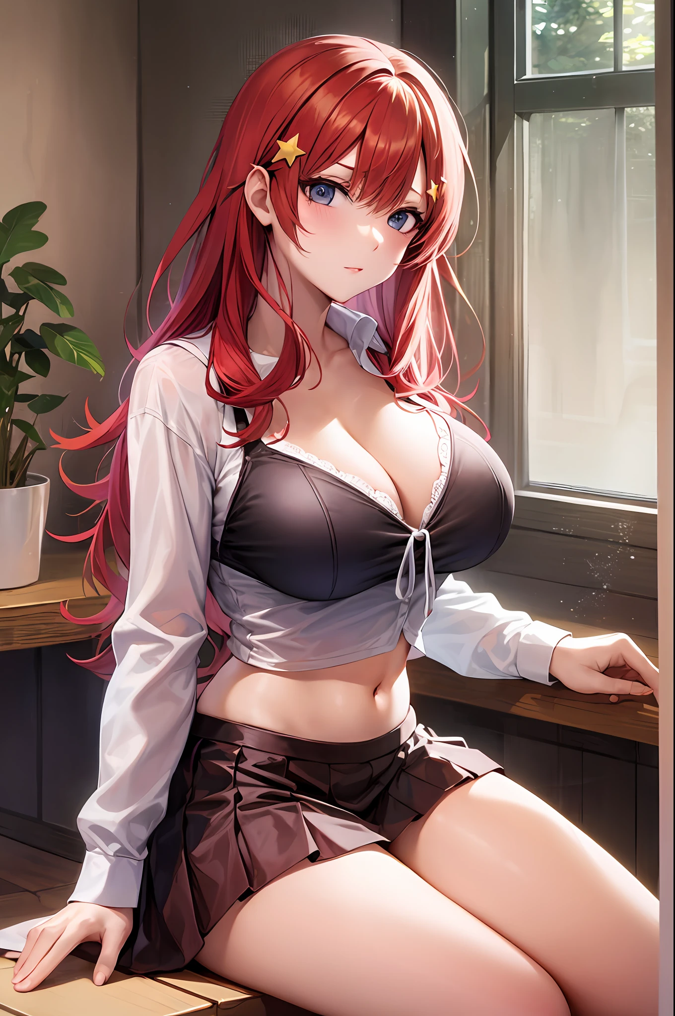 red hair, large breasts, underwear, in, cleavage, navel, white shirt, (brachial), skirt, lie, Body, sexy, sitting, star hairpins,