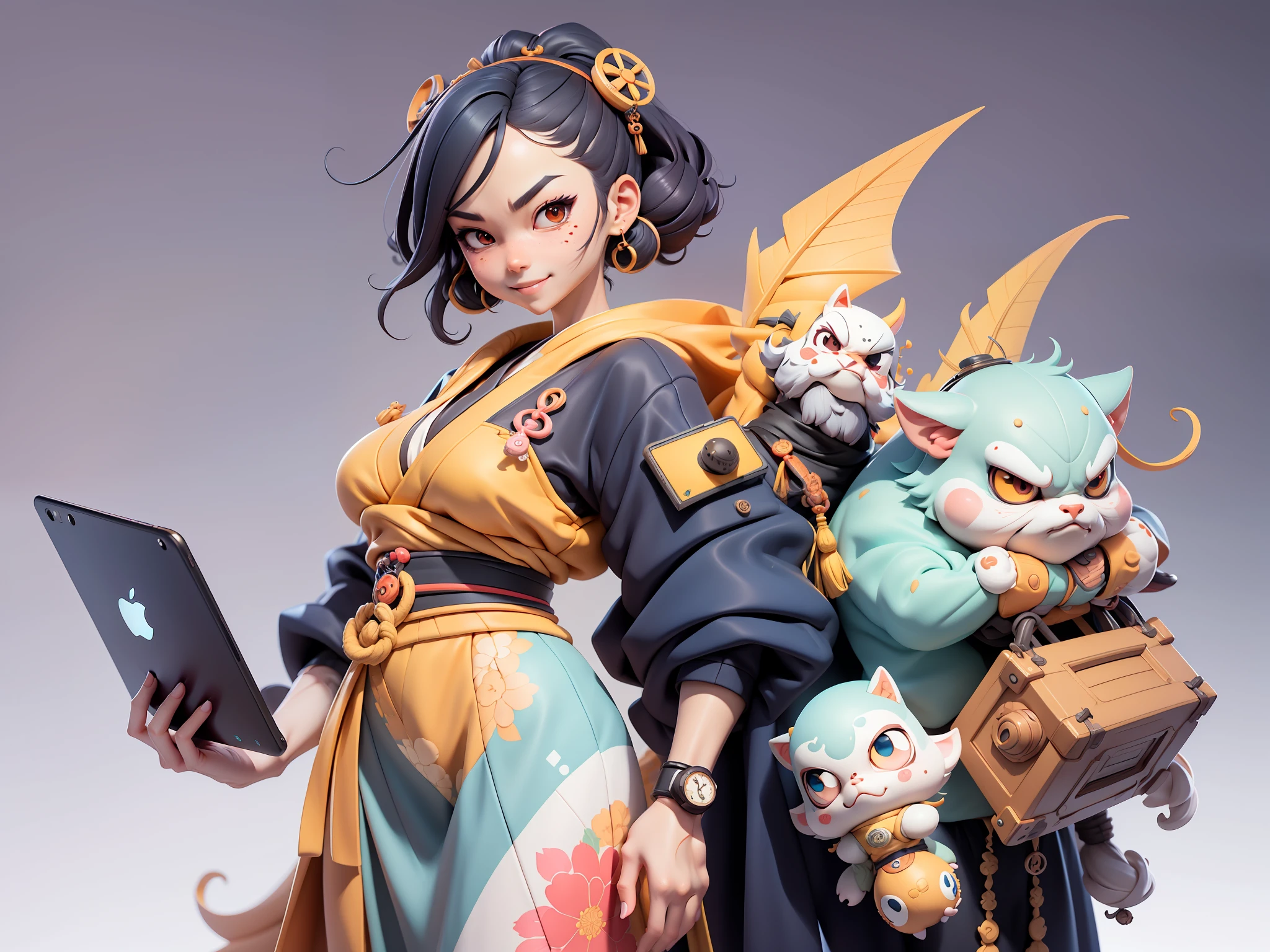 (Daisaku),(Need),(Super meticulous),(full bodyesbian:1.2),Japanese ukiyo-e girl,japanese geisha,Beautiful,Oriental dragon,Aeolian Thor,Raised sexy,爆乳,Oriental face,TV Anchor,Bust portrait illustration,Alone,In black suit,a blue tie,The face is slightly chubby,The face was clean,without a beard,Black super short hair,Black eyes,Smile confidently,3C computer sub-products,iPad, iphone,Digital painting,3D character design by Mark Clairen and Pixar and Hayao Miyazaki and Akira Toriyama,The illustration is a high-definition illustration in 4K resolution,With very detailed facial features and cartoon-style visuals。