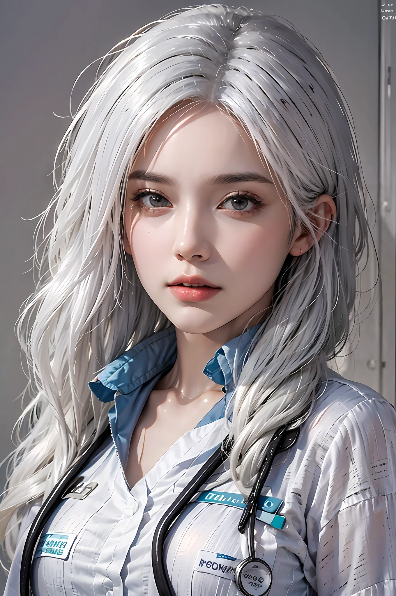 photorealistic, high resolution, 1 women, solo, hips up, look at viewer, (detailed face), white hair, Long Hair, doctor outfit, name tag