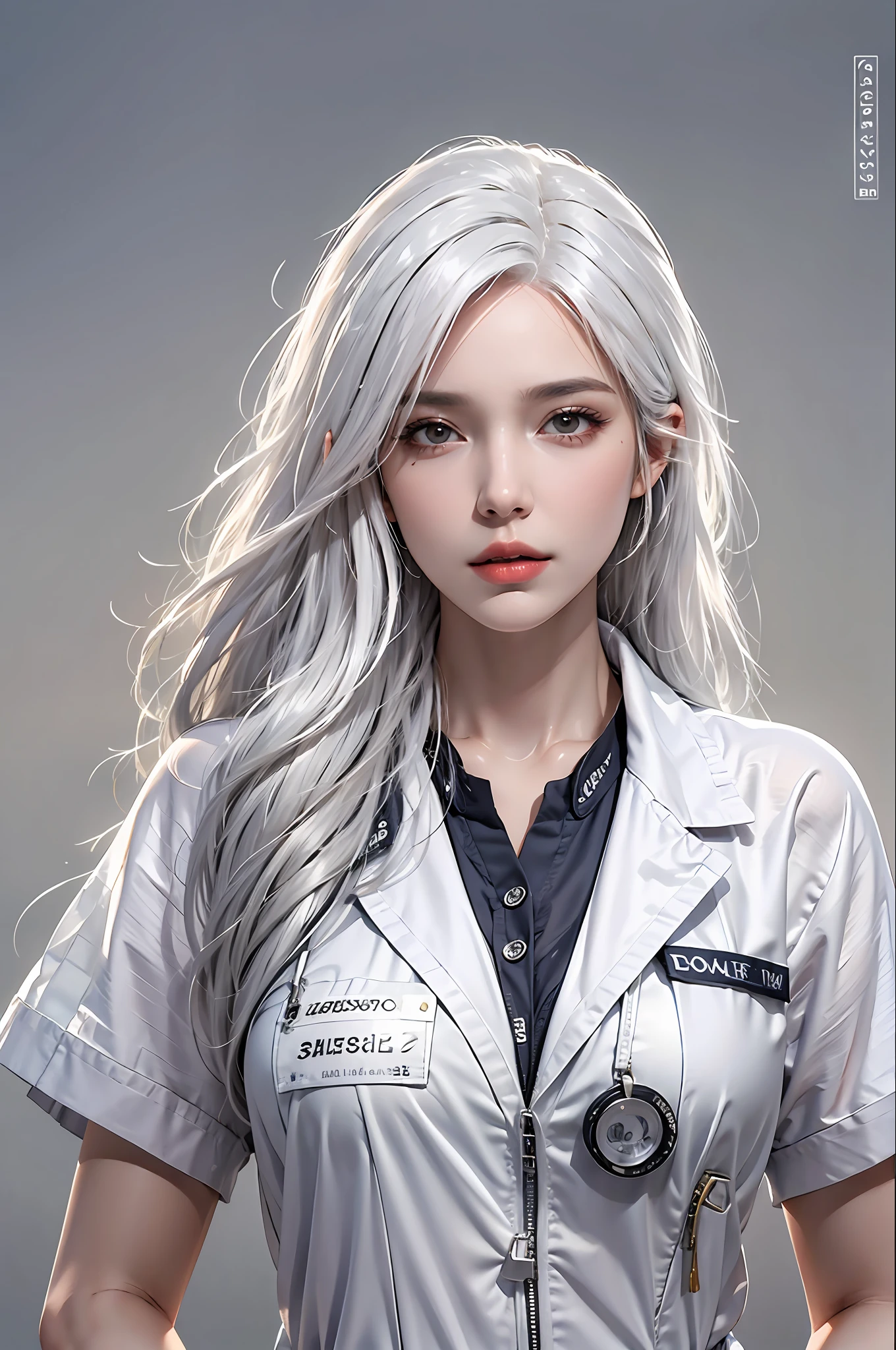 photorealistic, high resolution, 1 women, solo, hips up, look at viewer, (detailed face), white hair, Long Hair, doctor outfit, name tag