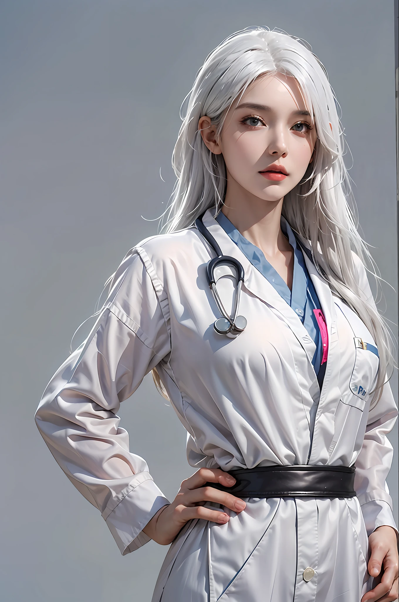 photorealistic, high resolution, 1 women, solo, hips up, look at viewer, (detailed face), white hair, Long Hair, doctor outfit, name tag