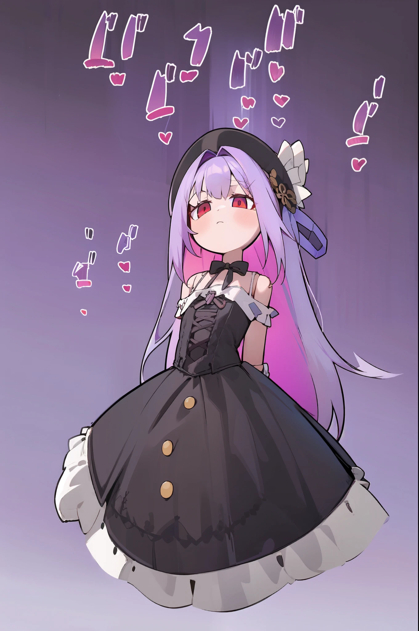 masterpiece, illustration, best quality, menacingjojo, cg, wallpaper, ++, 1girl, solo, light purple hair, long hair, french braid, single sidelock, red eyes, multicolored eyes, small breasts, flat chest, , victorian dress, embellished dress, black dress, corset, neckwear, off-shoulder dress, frills, doll, doll joints, ++, dynamic pose, leaning back, from below, looking down, looking at viewer, arms behind back, text, upper body, portrait, cold, neutral