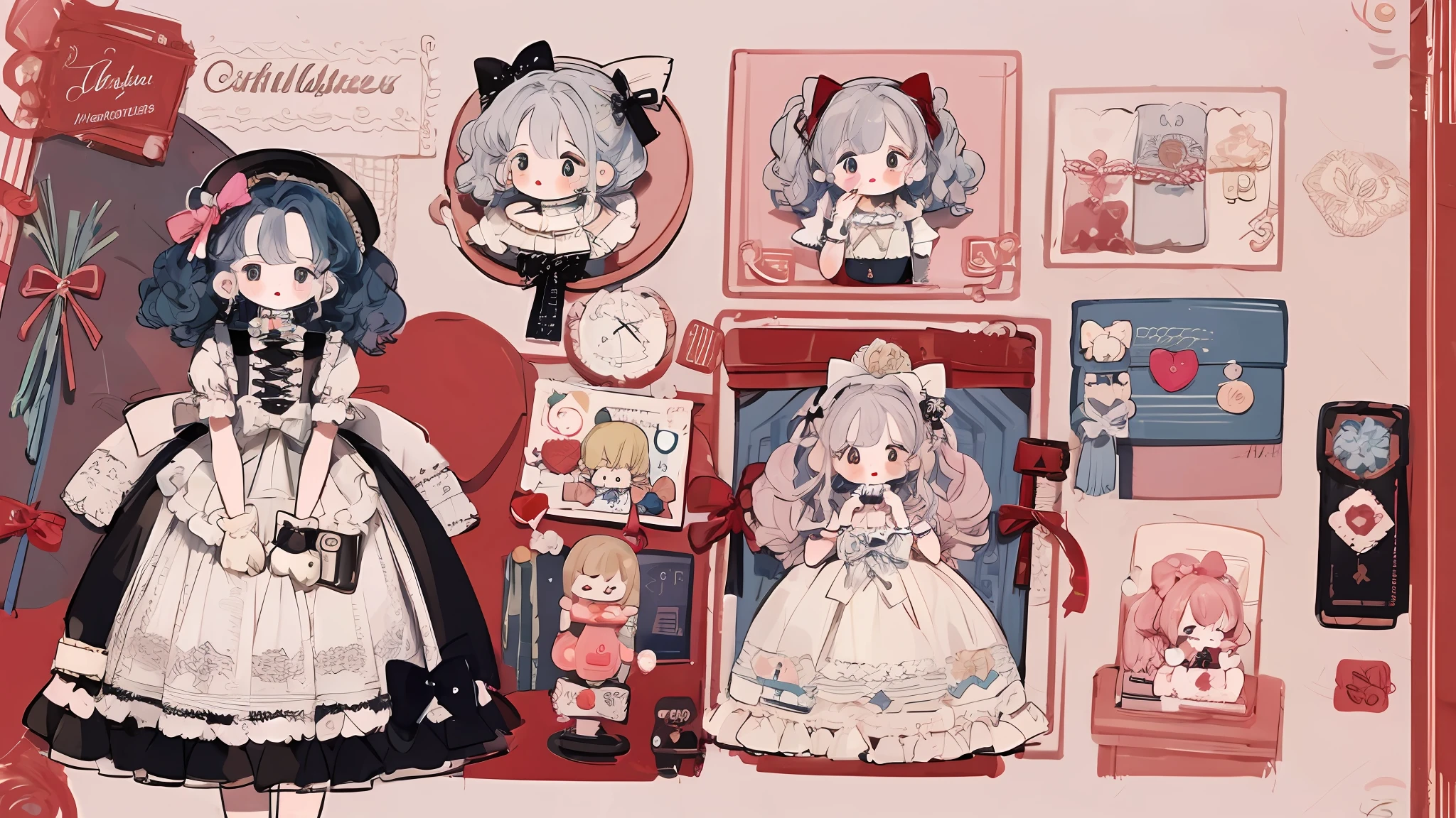 Character design，Q version，tchibi，Cute，The ratio of the head bowed to the body，clothing design，****ta prostitute，Gorgeous dress，mitts，curlies，very intricate，Exquisite，shift dresses，Bow knot，frilld，ribbon