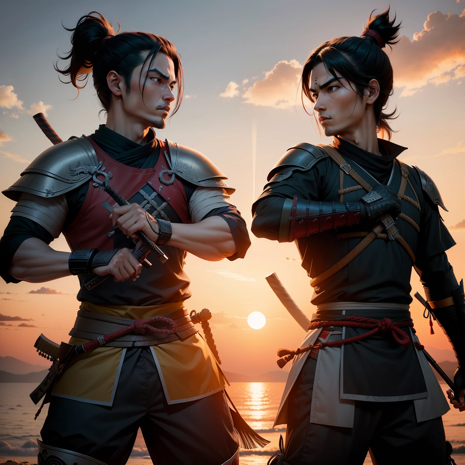 Silhueta de dois samurais em duelo. Imagine with the two samurai and sunset sky