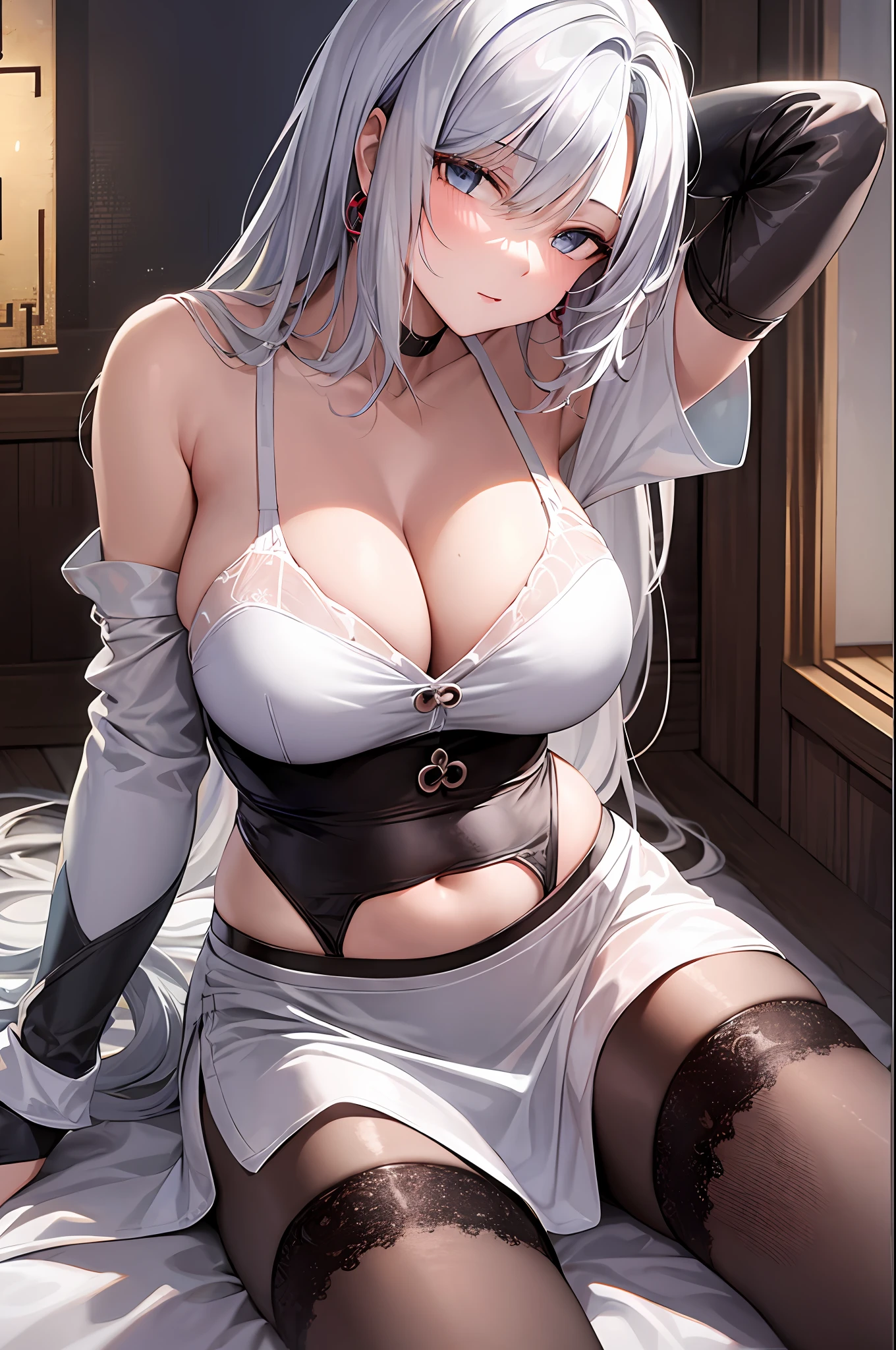 1shenhe, silver hair, large breasts, underwear, in, cleavage, navel, white shirt, skirt, lie, Body, sexy, sitting