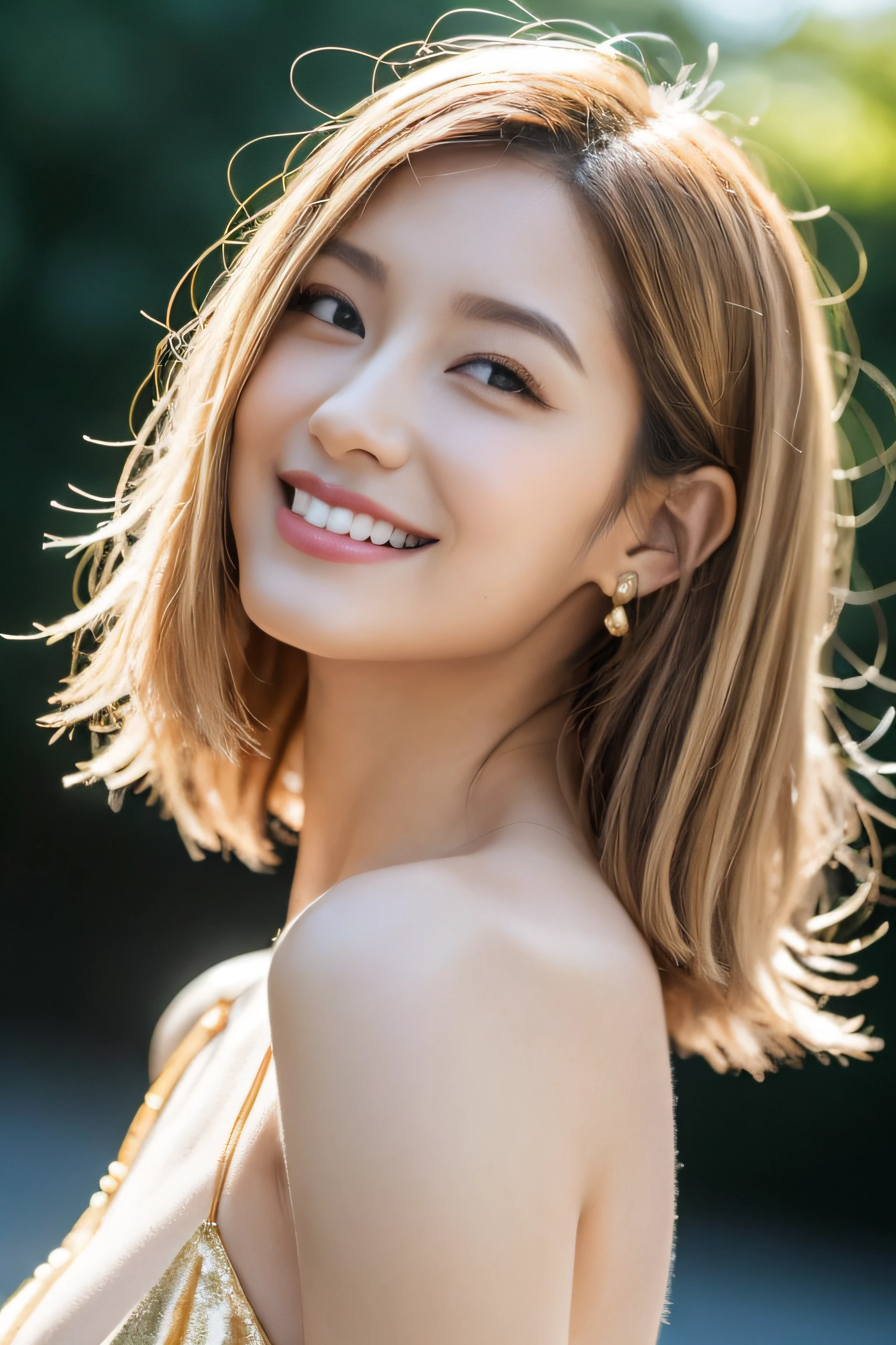 (top-quality、8K、32K、masterpiece、nffsw:1.2)、1 girl in、beautfull Japanease woman、((Golden hair))、Fancy makeup、thin-waist、Beautiful Women in Perfect Style:1.4、Colossal tits:1.3、finerly detailed face、A smile、A Line dress、breastsout、 Leaning forward、short-hair