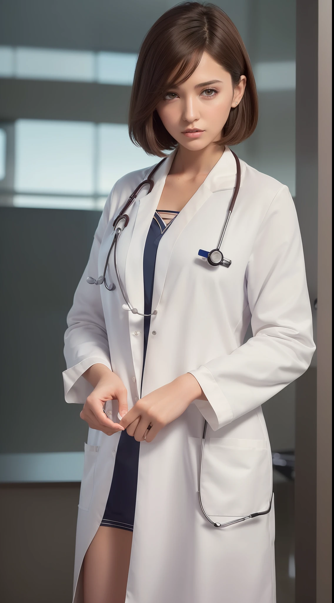 (airport:1), afternoon, (doctor gown:1.5), bright brown fringe short hair, light brown eyes, 1girl, 20 years old, innocent, (photorealistic), (intricate details:1.2),(masterpiece, :1.3),(best quality:1.4), (ultra highres:1.2), ultra high res, (detailed eyes), (detailed facial features), HDR, 8k resolution, (lens flare:0.7), turn around, busy on examine report, face viewer