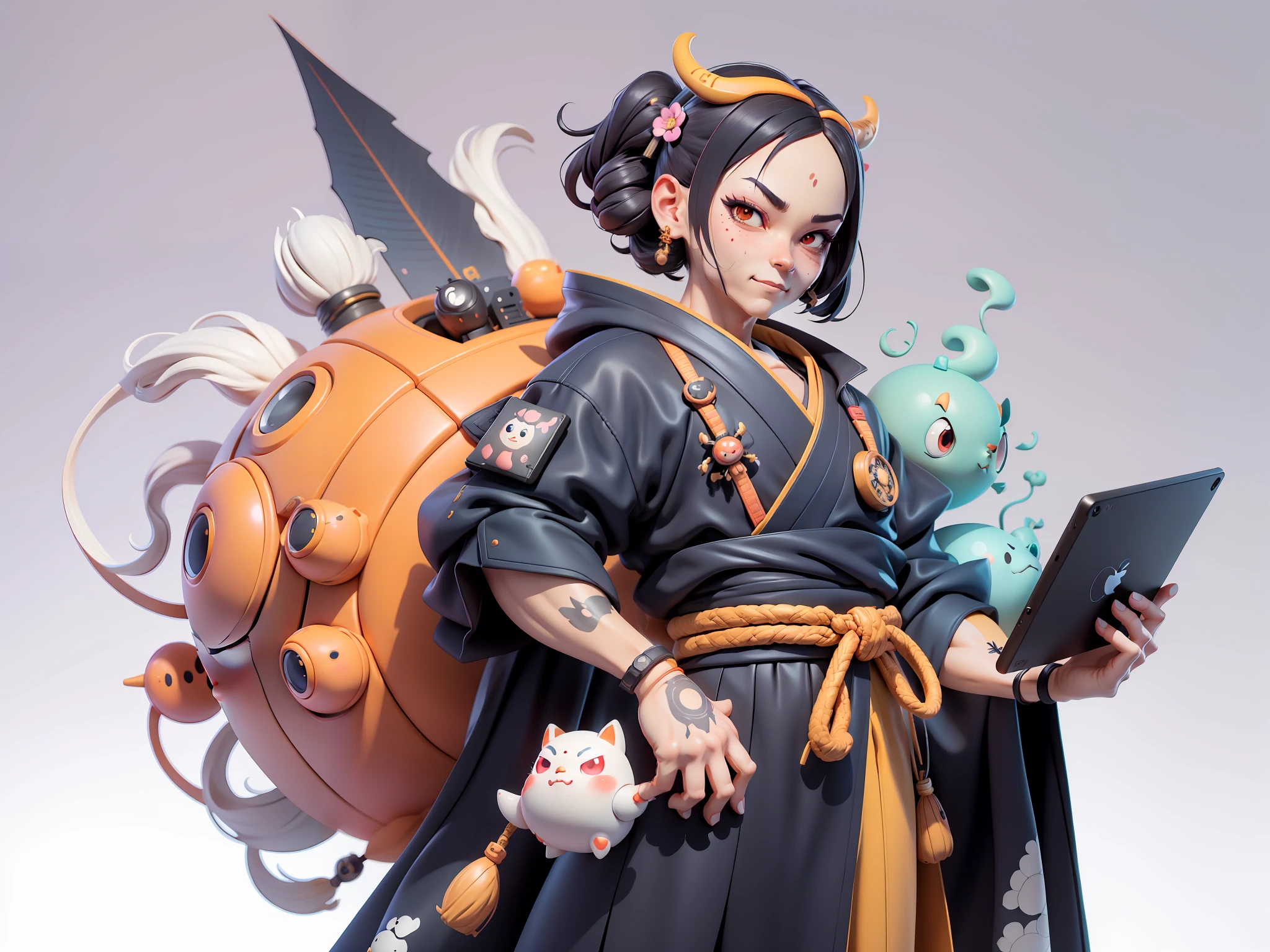 (Daisaku),(Need),(Super meticulous),(full bodyesbian:1.2),Japanese ukiyo-e girl，japanese geisha，Beautiful，Oriental dragon，Aeolian Thor，Raised sexy，爆乳，Oriental face，TV Anchor，Bust portrait illustration，Alone，In black suit，a blue tie，The face is slightly chubby，The face was clean，without a beard，Black super short hair，Black eyes，Smile confidently，3C computer sub-products，iPad， iphone，Digital painting，3D character design by Mark Clairen and Pixar and Hayao Miyazaki and Akira Toriyama，The illustration is a high-definition illustration in 4K resolution，With very detailed facial features and cartoon-style visuals。