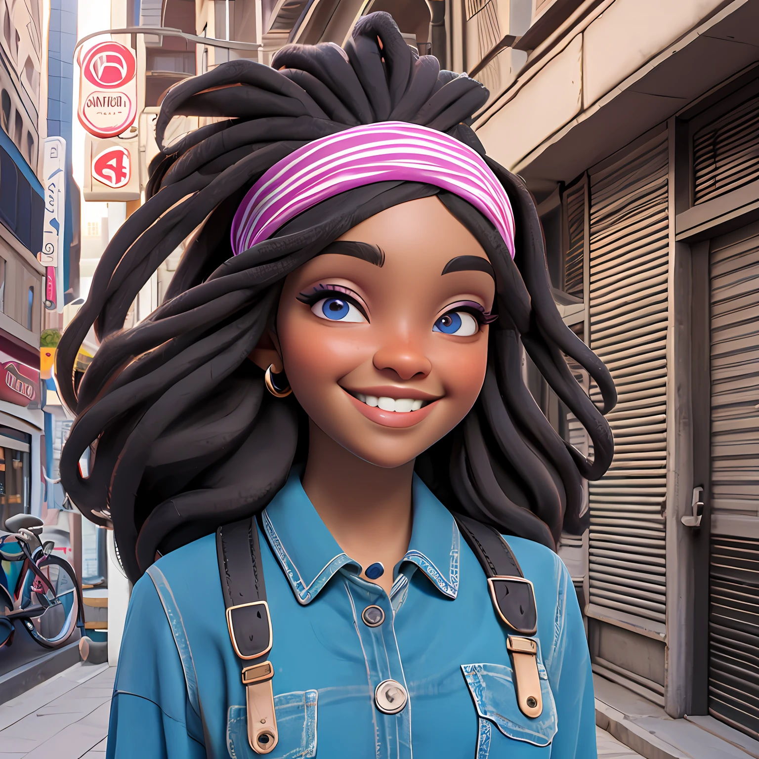 menina negra, adolescente, olho castanho, Vestido longo preto, sorriso claro, flor, ao ar livre, turbante, Seu cabelo esta preso coque, Tom Azul Claro, preto e dread's roxo escuro, corpo inteiro, The background is filled with an urban tone of the city, evoking a sense of lightness and happiness.