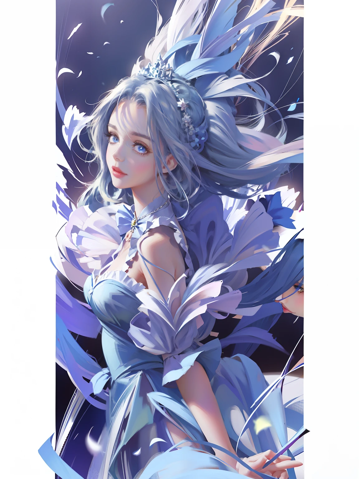 （ultraclear，A high resolution，Surprising detail，1girll，dual horsetail，frizzy hair，Hair soars，Delicate facial features）ssmile，Sky blue double ponytail and blue eyes，Anime girl in sky blue dress，tiara crown，Highly saturated color，Natural light，Anime princess,  portrait of magical girl, loli in dress,Lolita prostitute，style of magical girl, Anime style