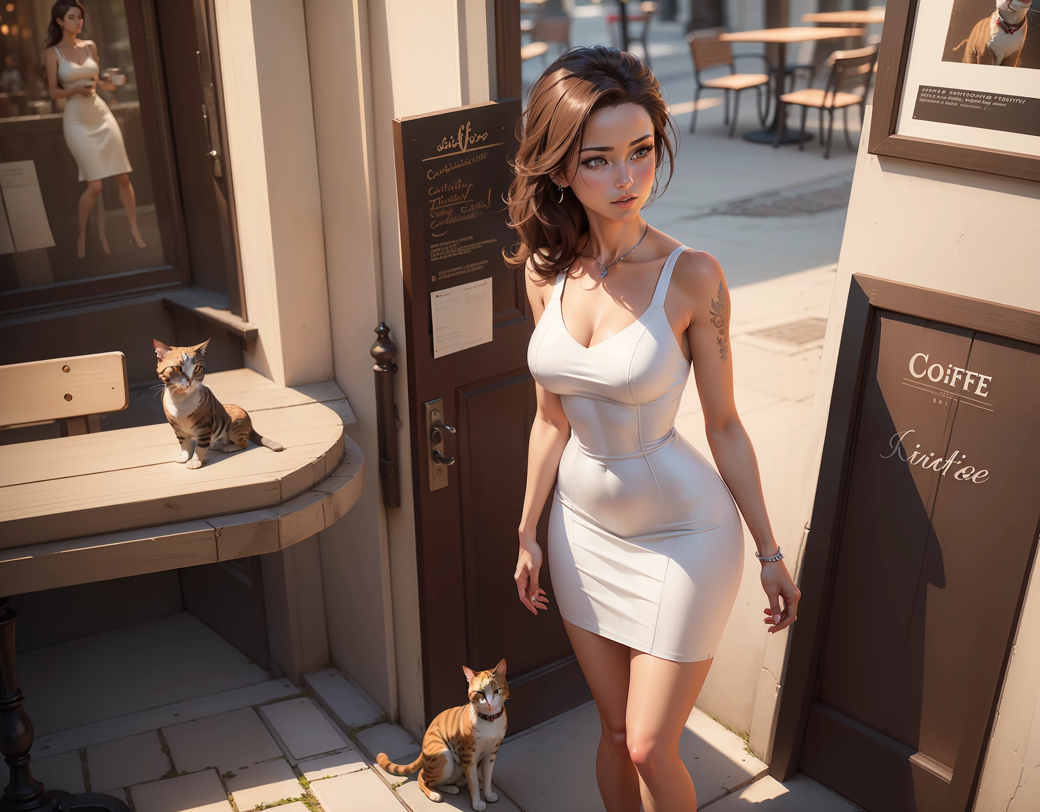 (masterpiece, best quality, realistic, detailed, sharp:1.2), intricate details, there is a woman in a white red dress standing on a sidewalk looking at a cat, at a city caffe, realistic , in a coffee shop, art, highly detailed, tracer in a skintight dress, photorealistic artstyle, pinup style