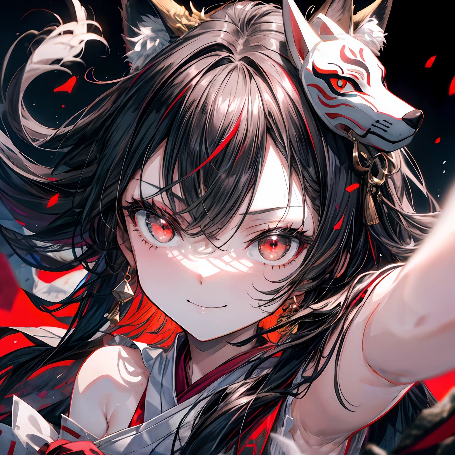 depth of field,A girl wearing a fox mask sits on the roof of an izakaya buried in rubble,miko,black hair,long hair,red eyes,red moon,shiny skin,(smirk),(close-up:1.3),outstretched arm