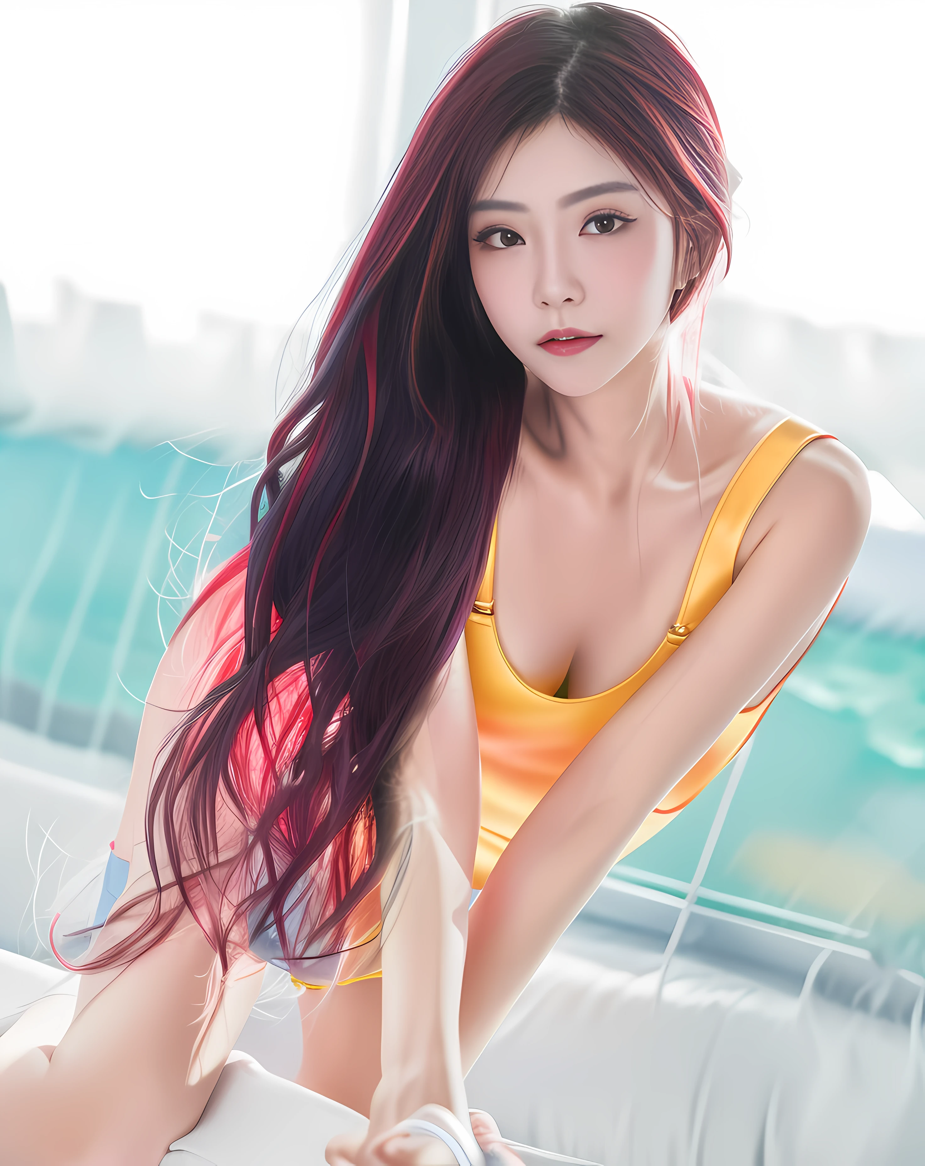 primitive,tmasterpiece,ultra fine photos,best qualtiy,超高分辨率,Photoreality,rays of sunshine,full-body portraits,stunningly beautiful,dynamicposes,delicated face,Vibrant eyes,opulent,milkyW,Highly detailed skin,Realistic details of skin,Visible Pore,tack sharp focus,8K UHD,digital SLR camera,high qulity,White skin of the,photo-realism,DL,red tinted hair,Meticulous hands,White one-piece stockings,red tinted hair